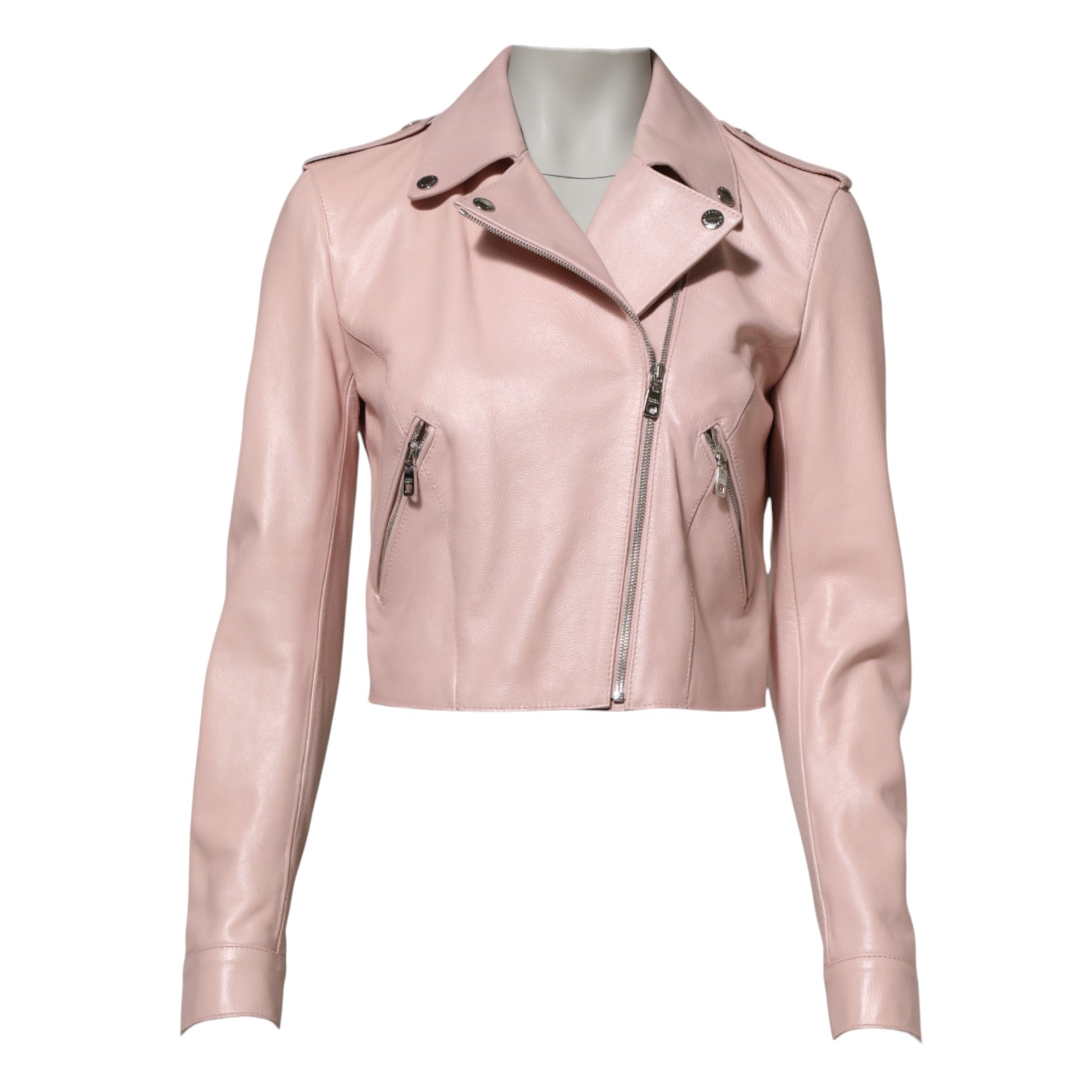 Dolce & Gabbana Light Pink Collar Leather Women Biker Jacket | Regal Royce