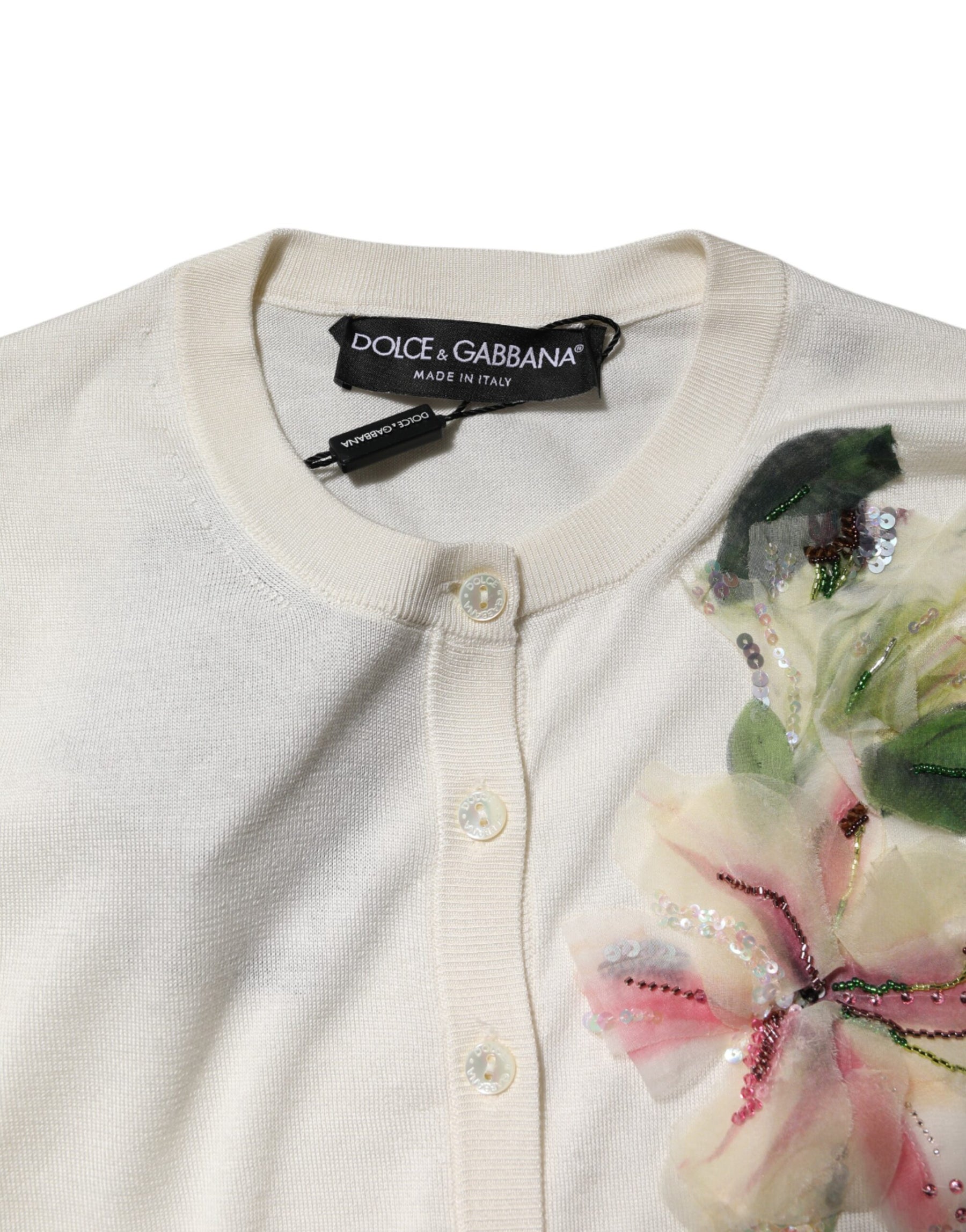 Dolce & Gabbana White Silk Lily Buttoned Cardigan Sweater | Regal Royce