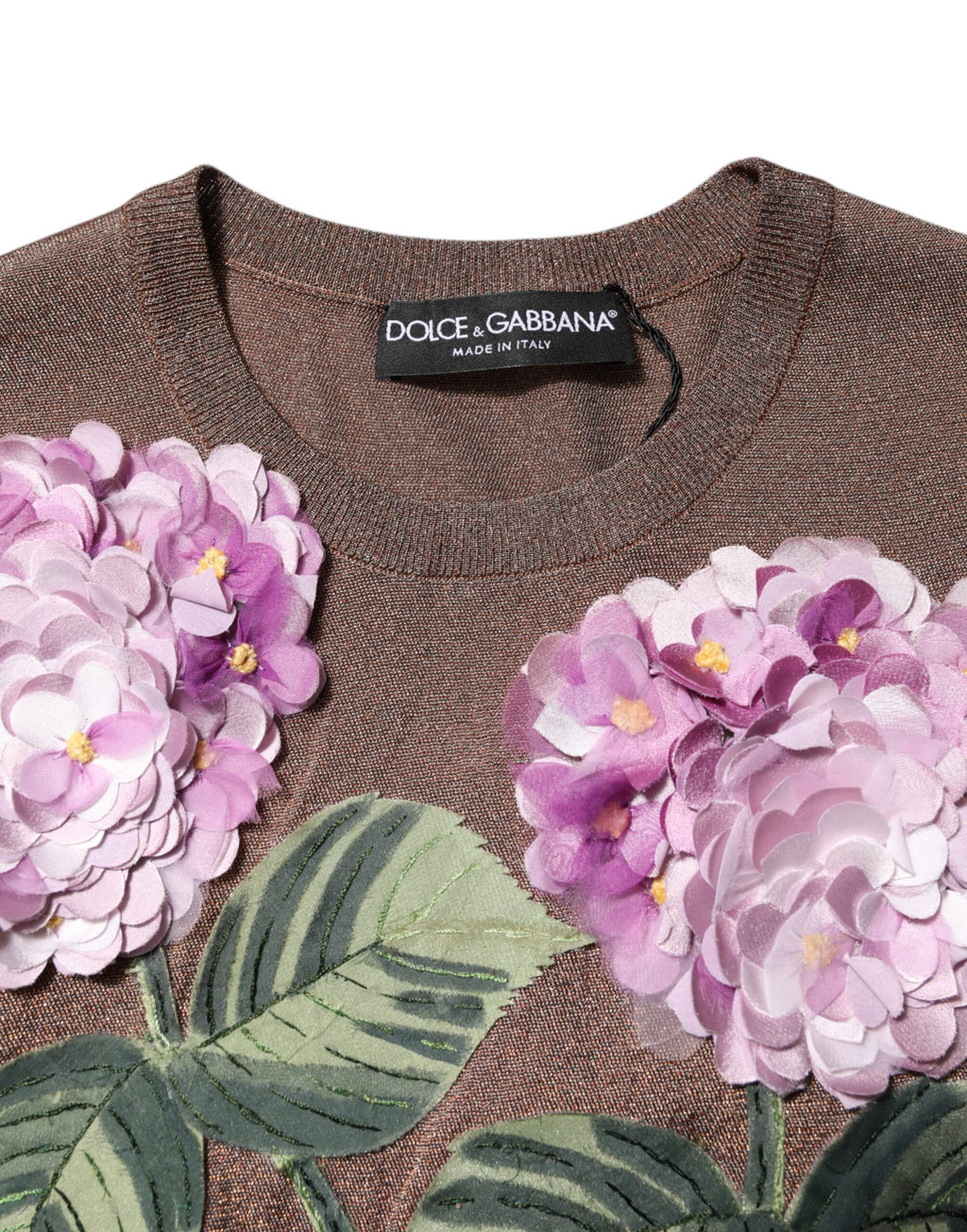 Dolce & Gabbana Brown Lily Embellished Round Neck Blouse Top