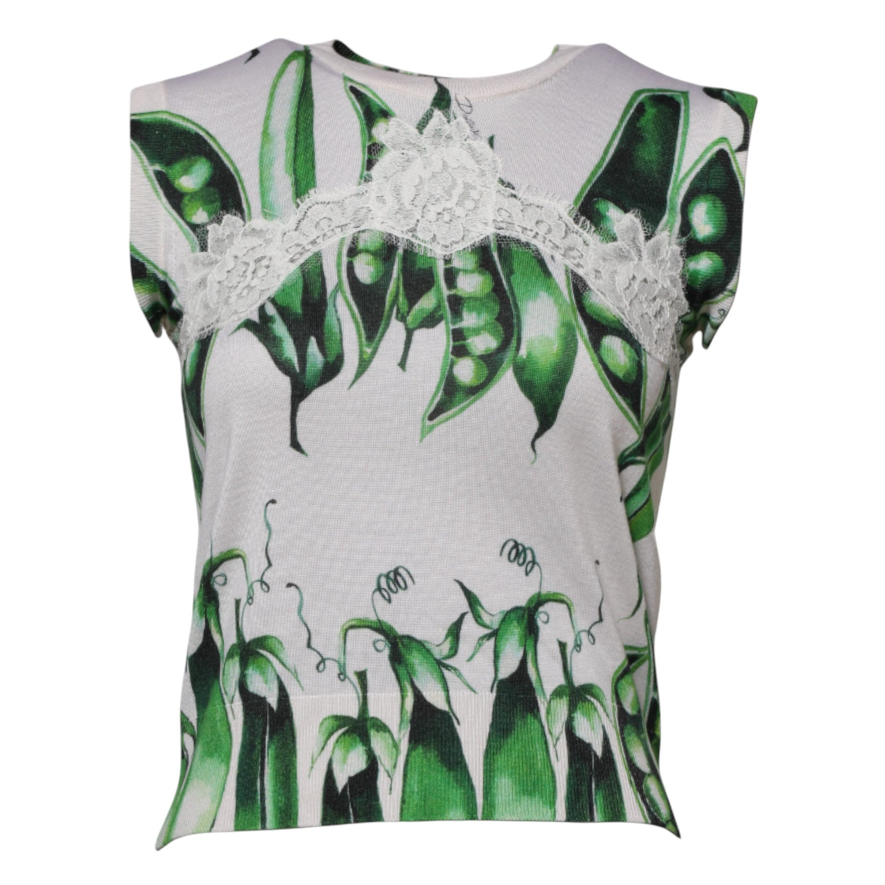 Dolce & Gabbana White Green Pea Print Sleeveless Blouse Top | Regal Royce