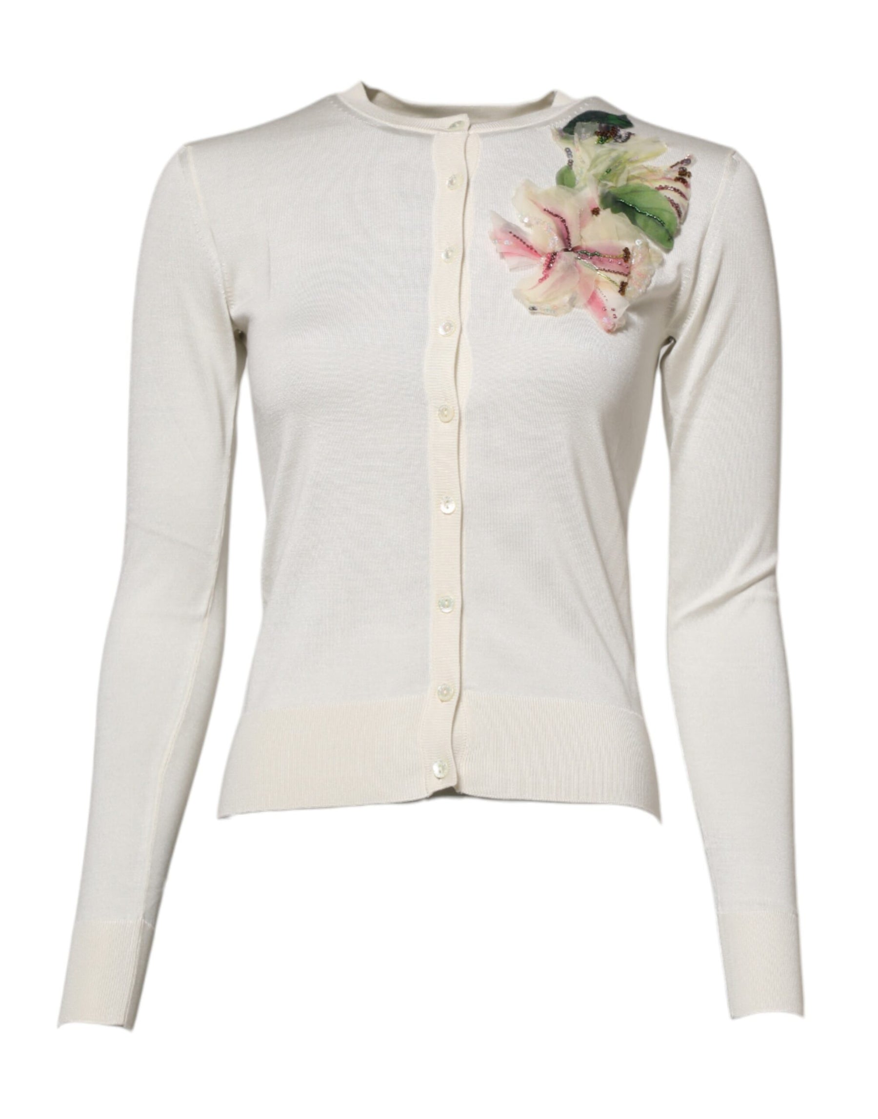 Dolce & Gabbana White Silk Lily Embellished Cardigan Sweater | Regal Royce