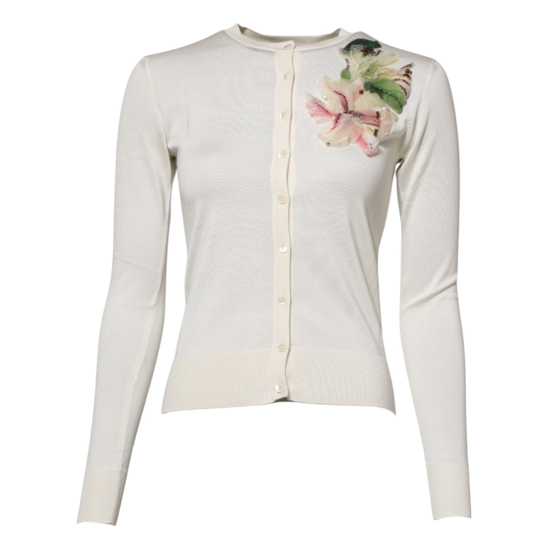 Dolce & Gabbana White Silk Lily Embellished Cardigan Sweater | Regal Royce