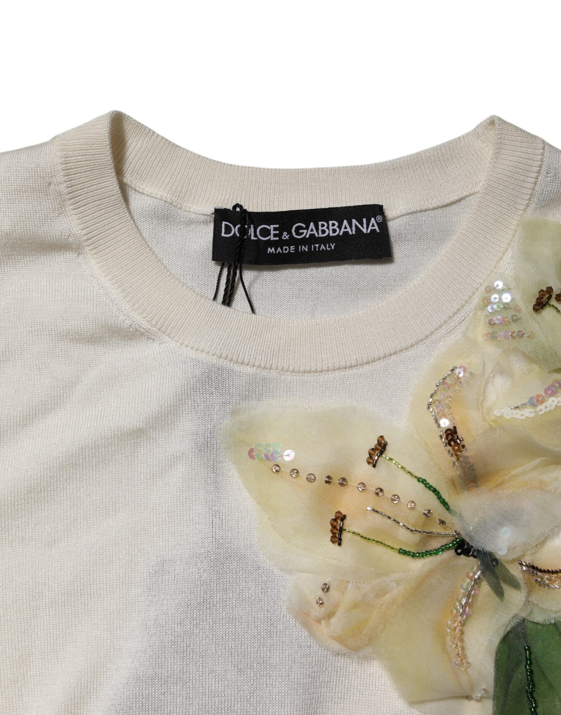 Dolce & Gabbana White Silk Lily Embellished Pullover Sweater | Regal Royce