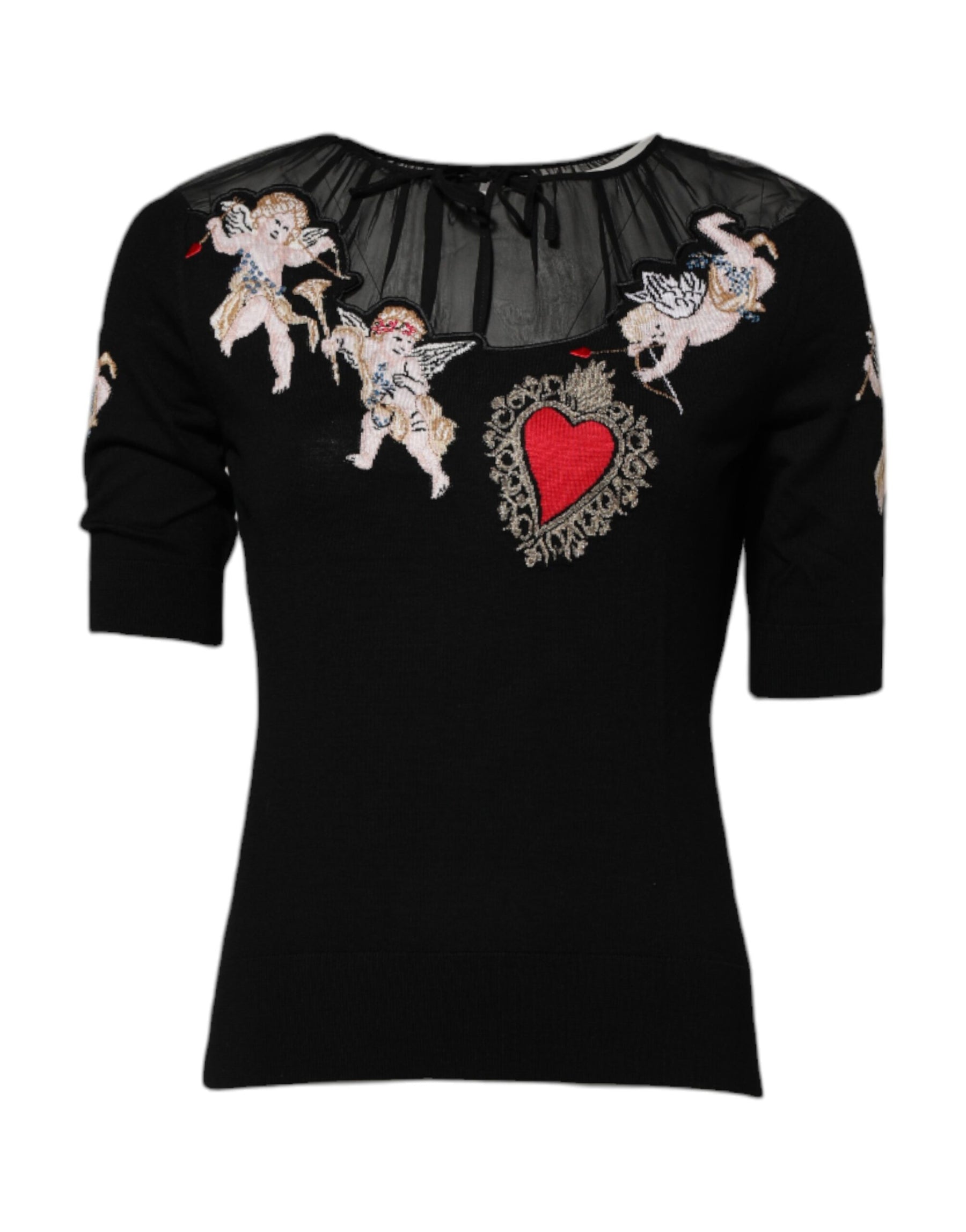 Dolce & Gabbana Black Sacred Heart Embroidered Crewneck Top | Regal Royce