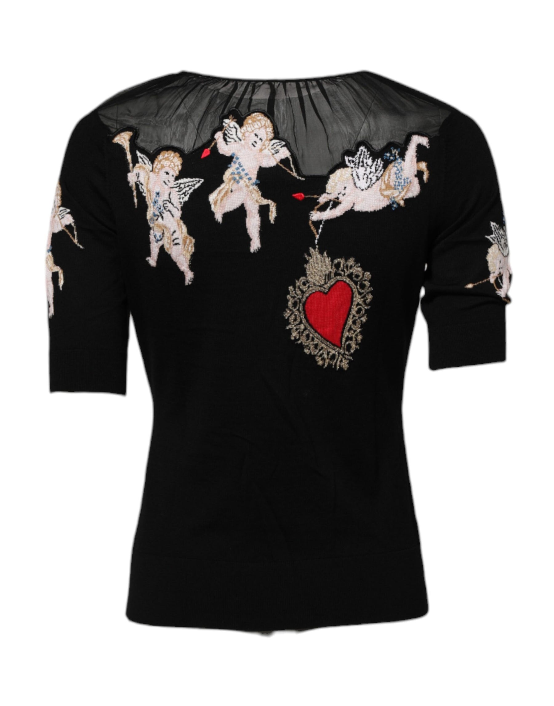 Dolce & Gabbana Black Sacred Heart Embroidered Crewneck Top | Regal Royce