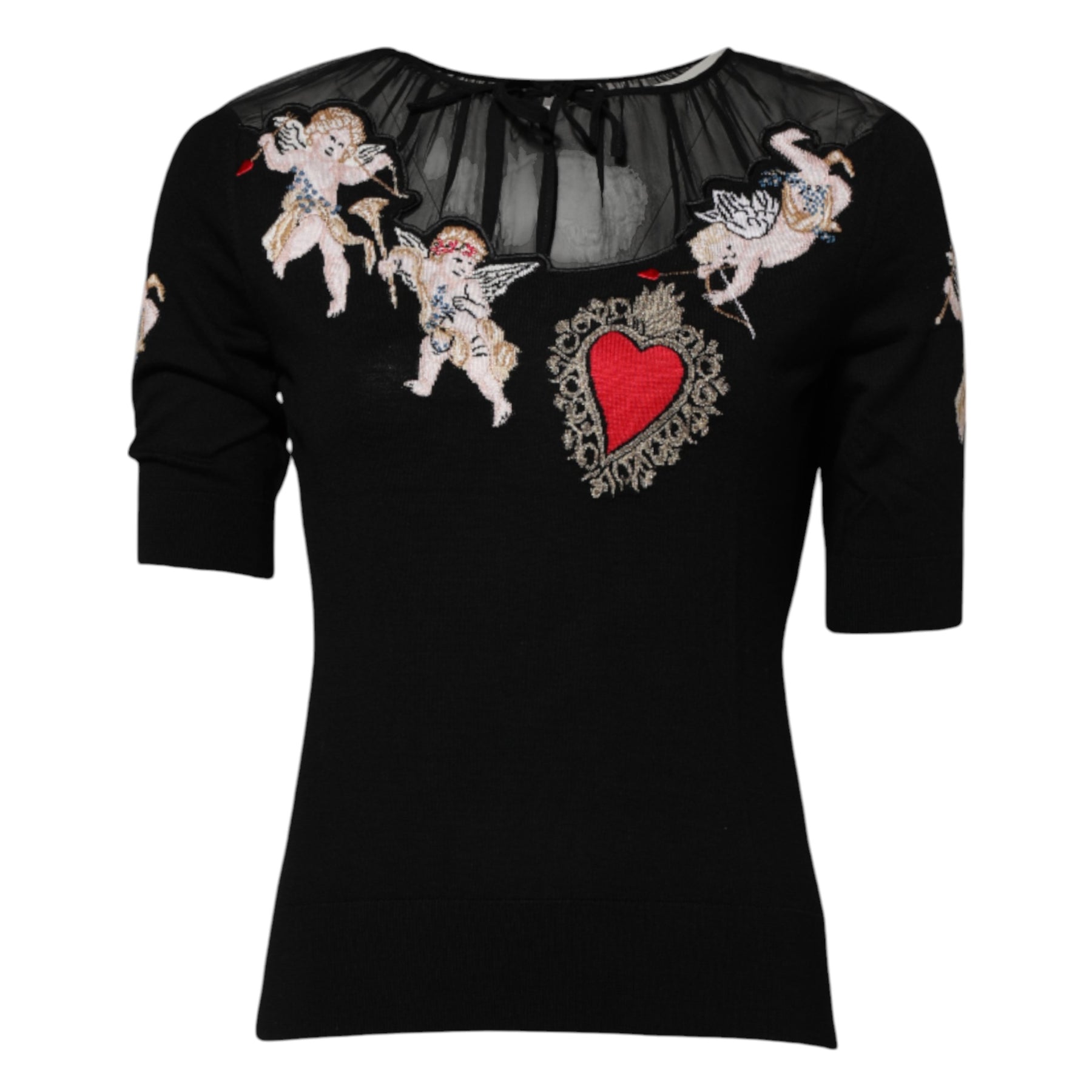 Dolce & Gabbana Black Sacred Heart Embroidered Crewneck Top | Regal Royce