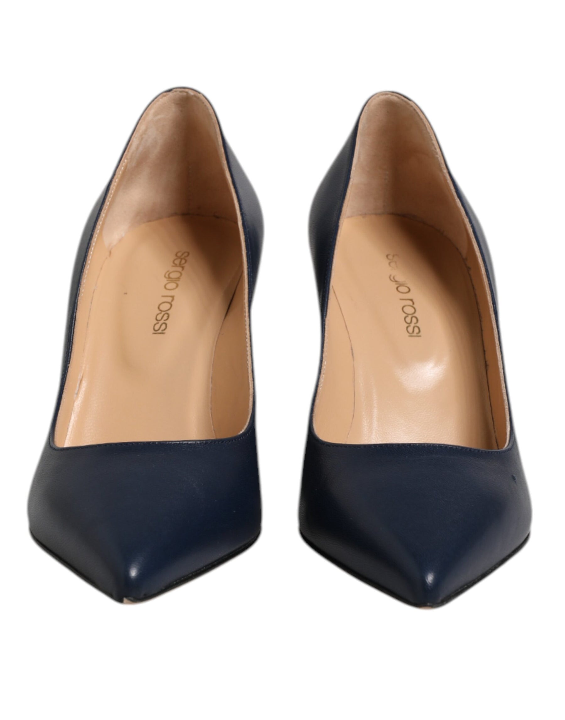 Sergio Rossi Blue Leather Pointed Toe Block Heels Shoes | Regal Royce