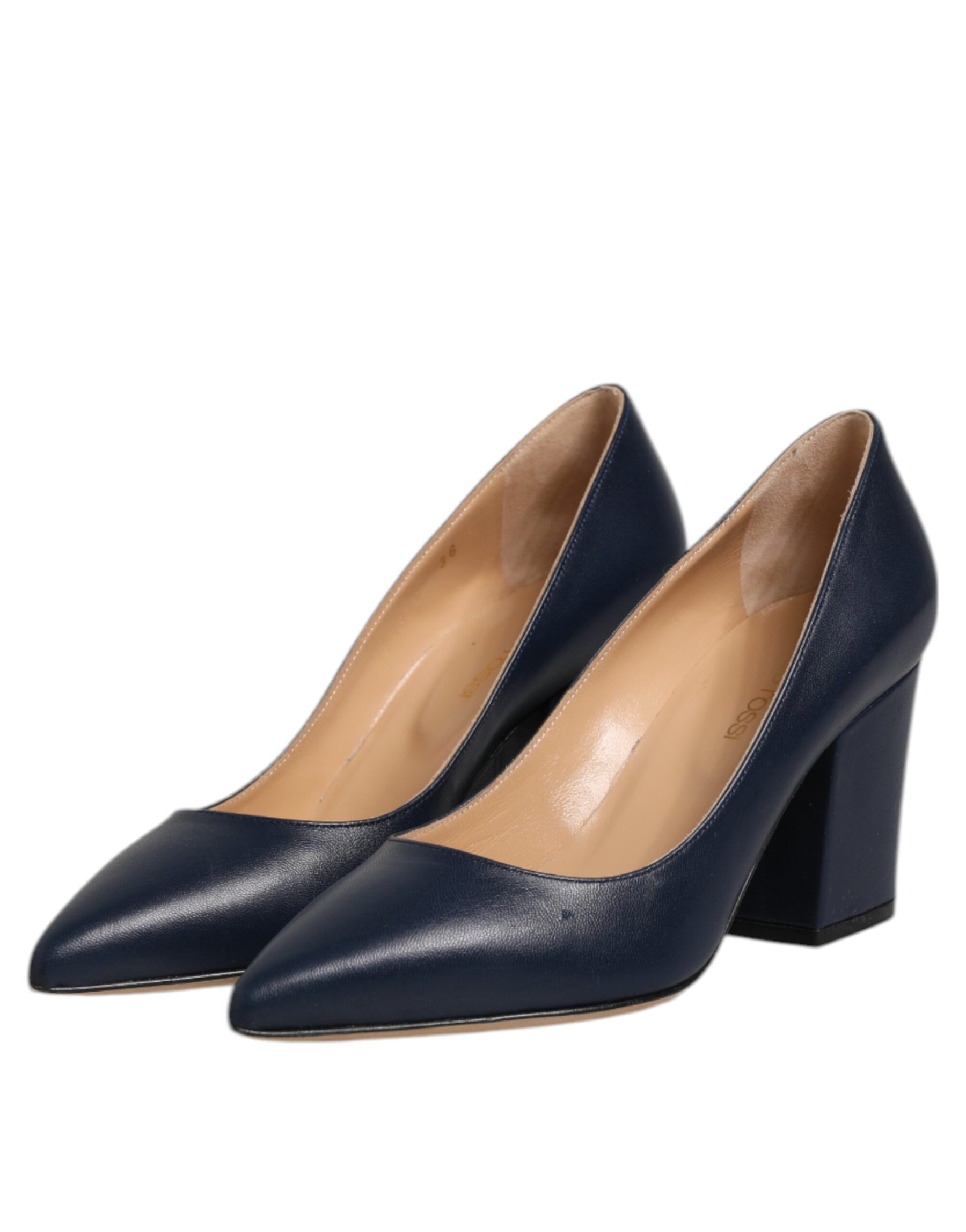 Sergio Rossi Blue Leather Pointed Toe Block Heels Shoes | Regal Royce