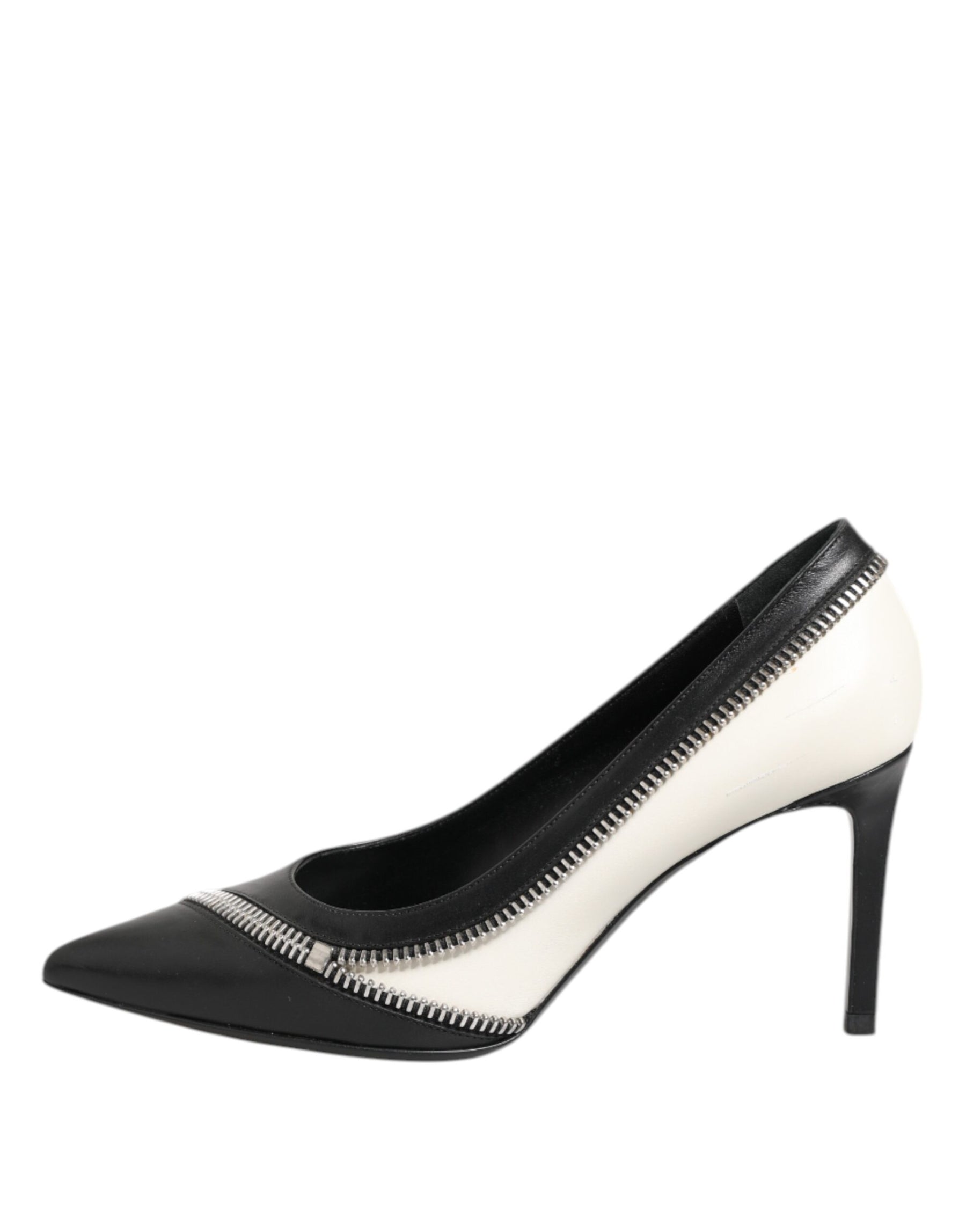 Saint Laurent White Black Leather Pointed Toe Heels Shoes | Regal Royce