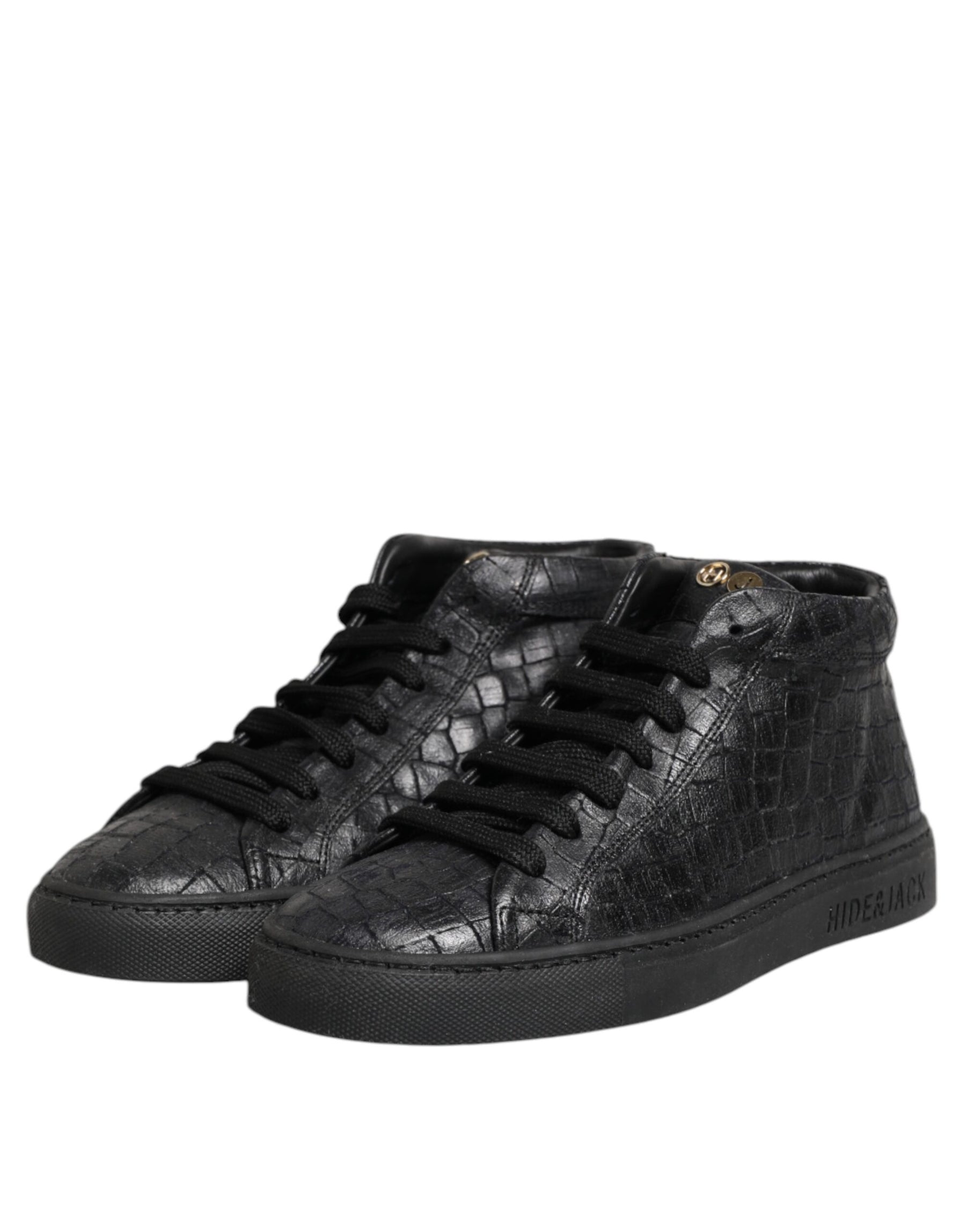 HIDE & JACK Black Leather Lace Up Mid Top Sneakers Shoes | Regal Royce