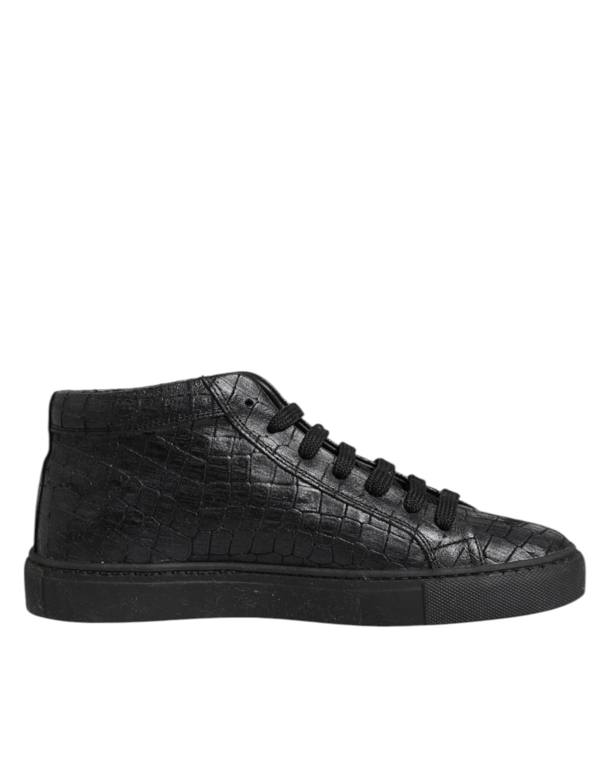 HIDE & JACK Black Leather Lace Up Mid Top Sneakers Shoes
