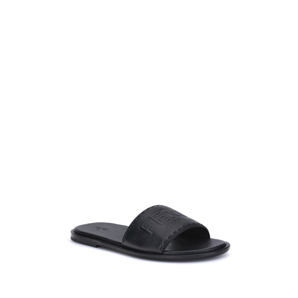Fendi Black Calf Leather Bos Taurus Flat Sandals | Regal Royce