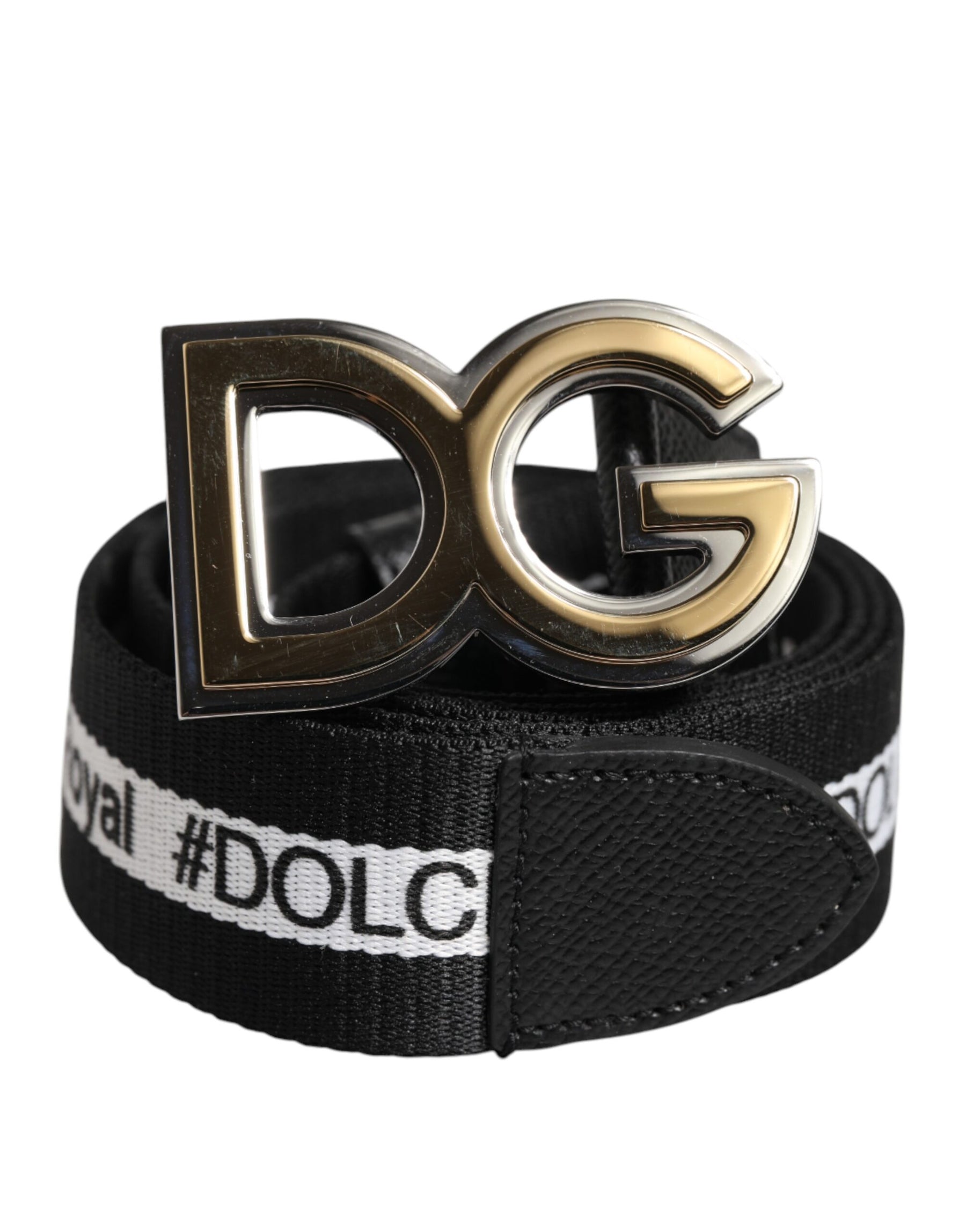 Dolce & Gabbana Black Cotton Metal DG Logo Gold Buckle Belt | Regal Royce