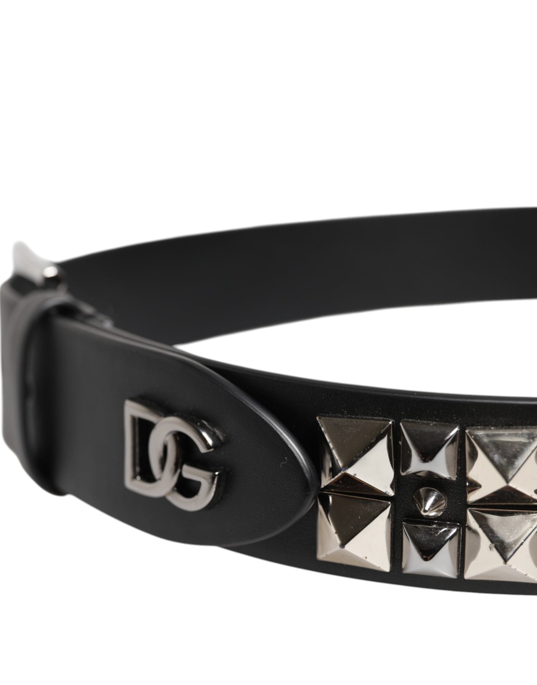 Dolce & Gabbana Black Leather Studded DG Metal Buckle Belt | Regal Royce