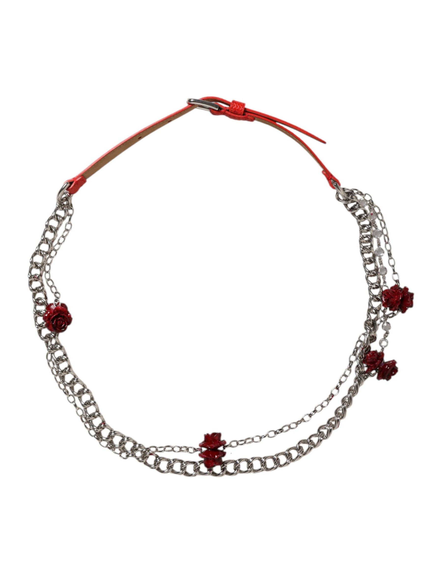 Dolce & Gabbana Red Leather Silver Chain Floral Cintura Belt | Regal Royce