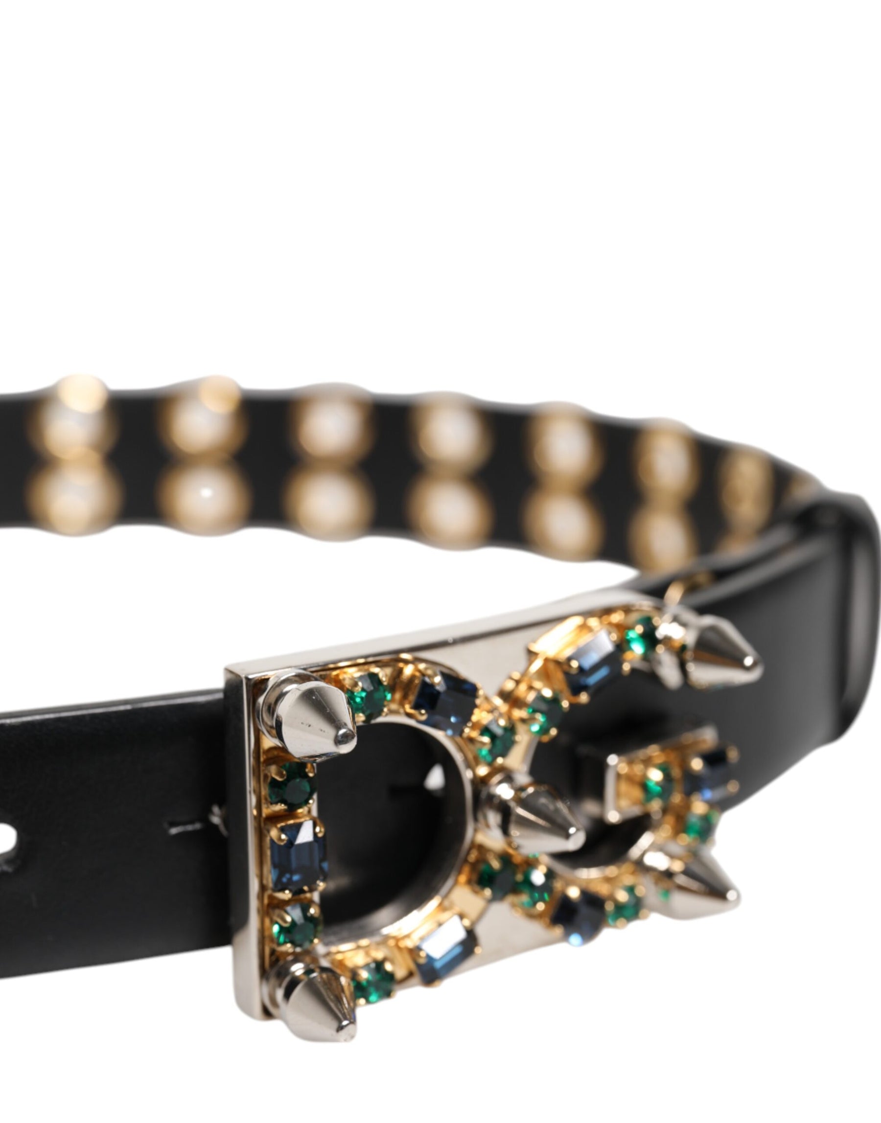 Dolce & Gabbana Black Leather Eyelet Crystal DG Buckle Belt | Regal Royce