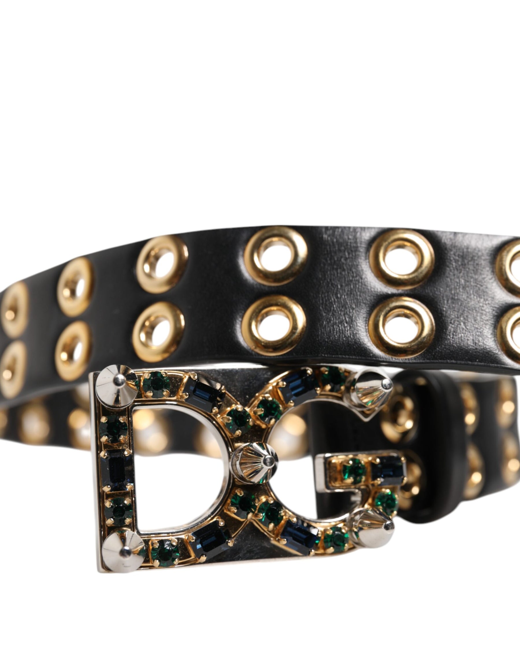Dolce & Gabbana Black Leather Eyelet Crystal DG Buckle Belt | Regal Royce