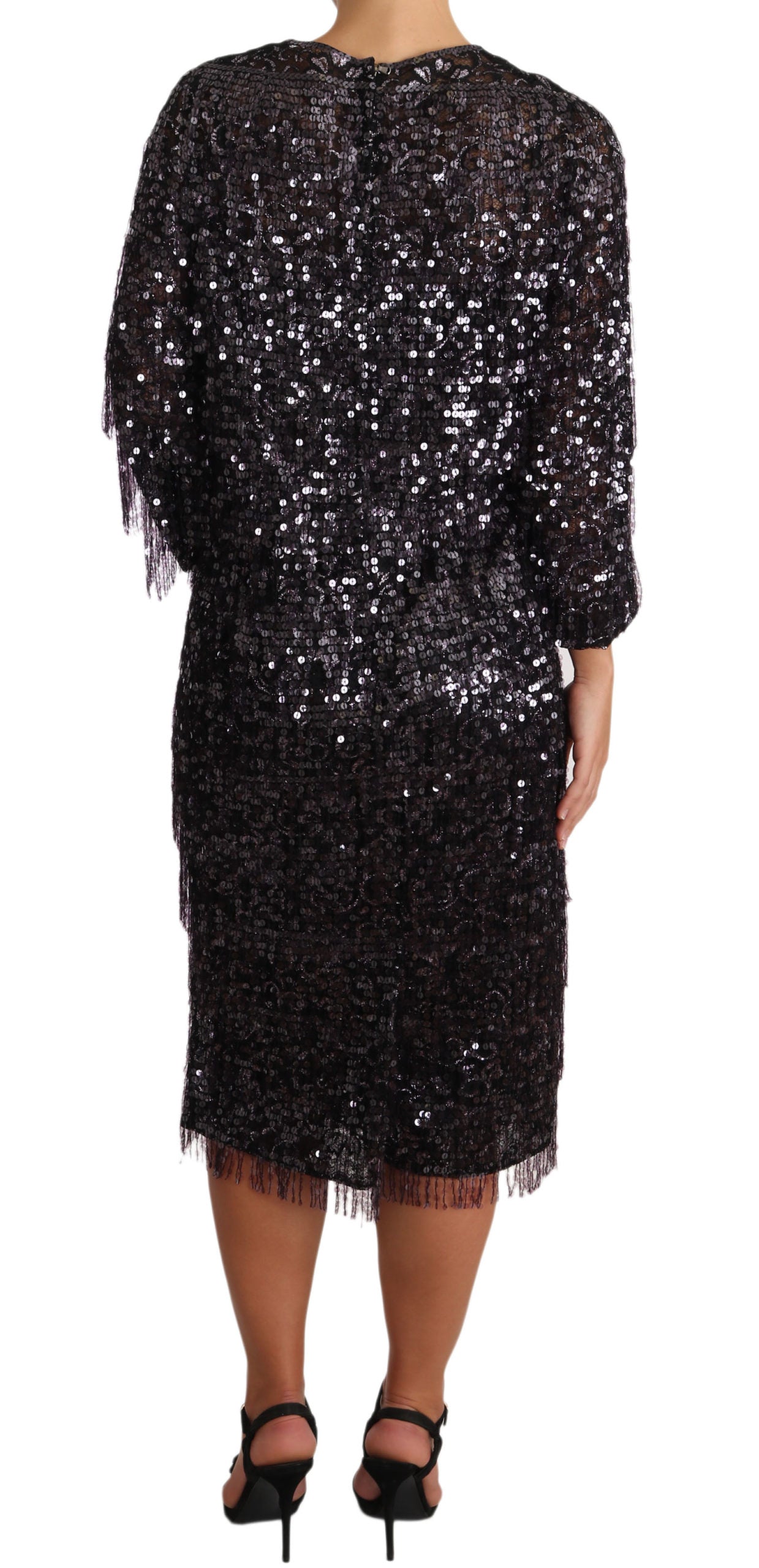 Dolce & Gabbana Black Sequined Long Sleeve Shift Midi Dress | Regal Royce