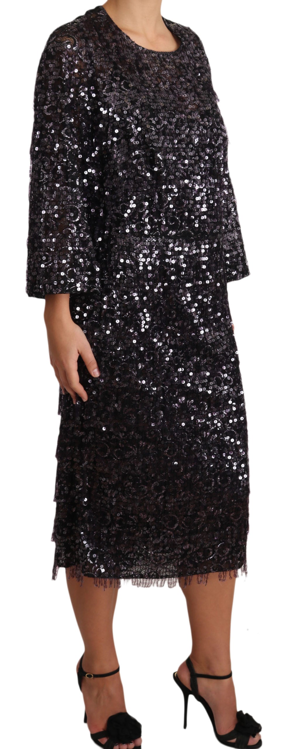 Dolce & Gabbana Black Sequined Long Sleeve Shift Midi Dress | Regal Royce