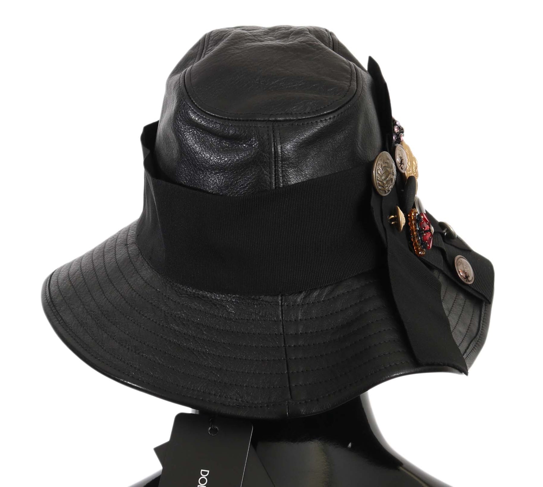 Dolce & Gabbana Black Leather DG Coin Crystal Wide Brim Hat | Regal Royce