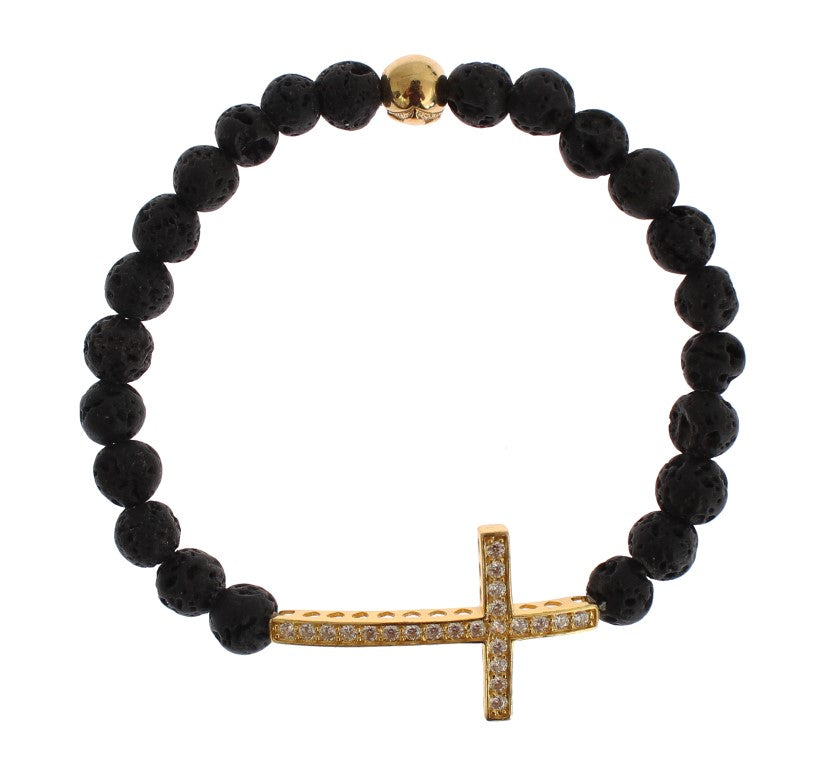 Nialaya Lava Stone Gold Clear CZ Cross 925 Silver Bracelet | Regal Royce