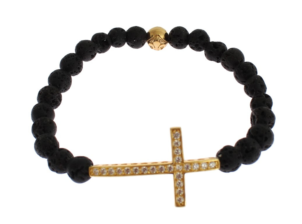 Nialaya Lava Stone Gold Clear CZ Cross 925 Silver Bracelet | Regal Royce