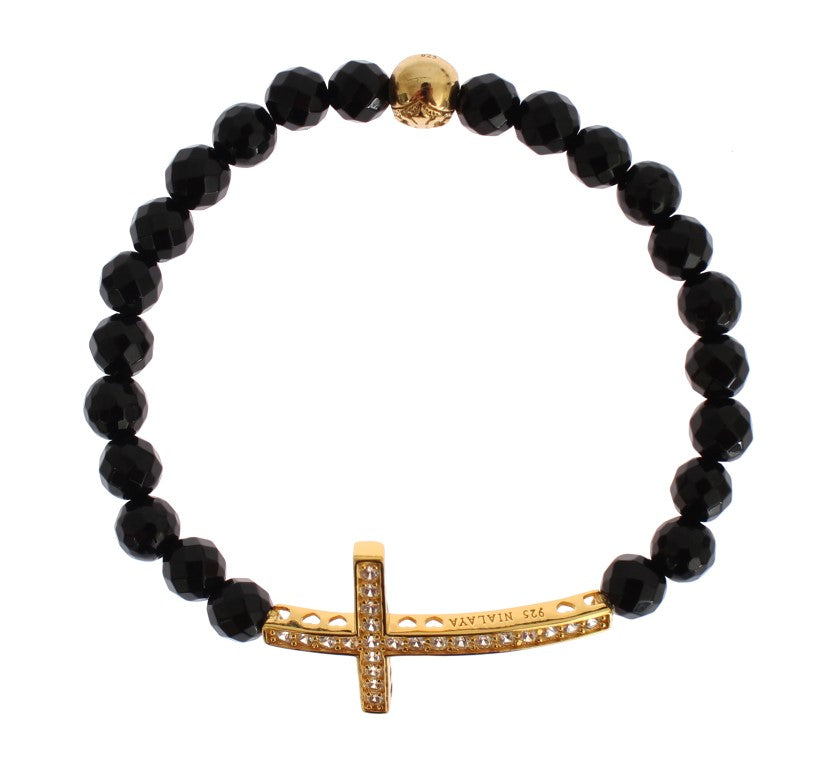 Nialaya Agate Stone Gold CZ Cross 925 Silver Bracelet | Regal Royce
