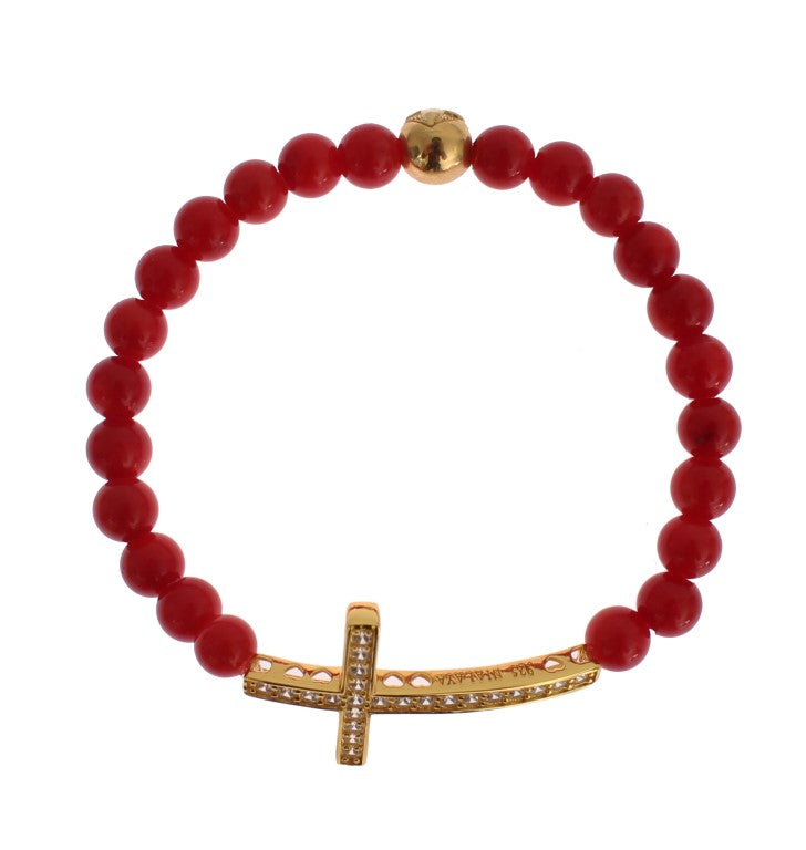 Nialaya Red Coral Gold CZ Cross 925 Silver Bracelet | Regal Royce