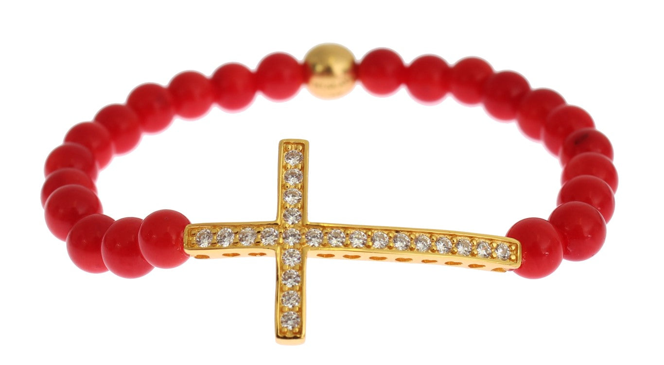Nialaya Red Coral Gold CZ Cross 925 Silver Bracelet | Regal Royce