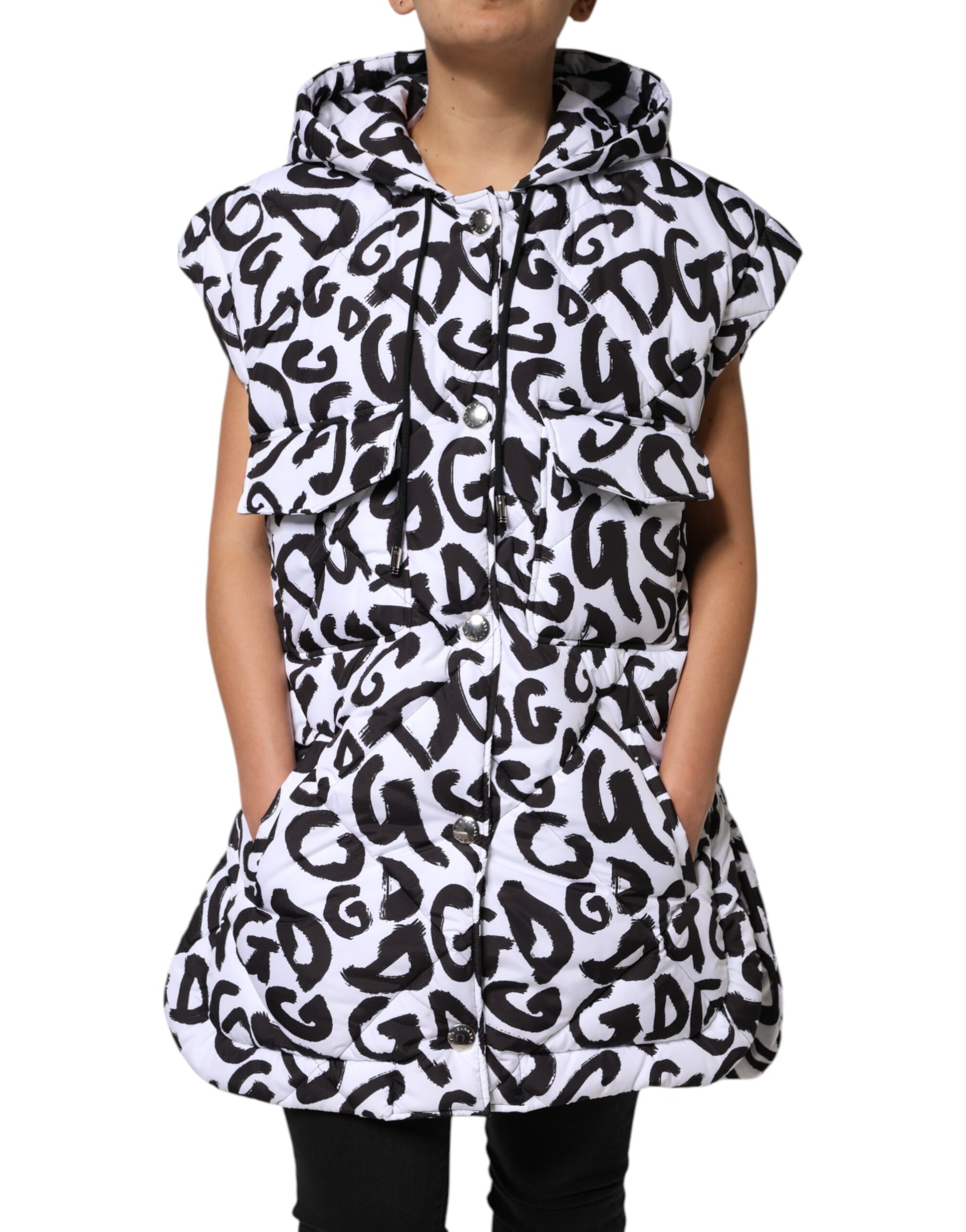 Dolce & Gabbana White DG Mania Hooded Sleeveless Puffer Jacket | Regal Royce