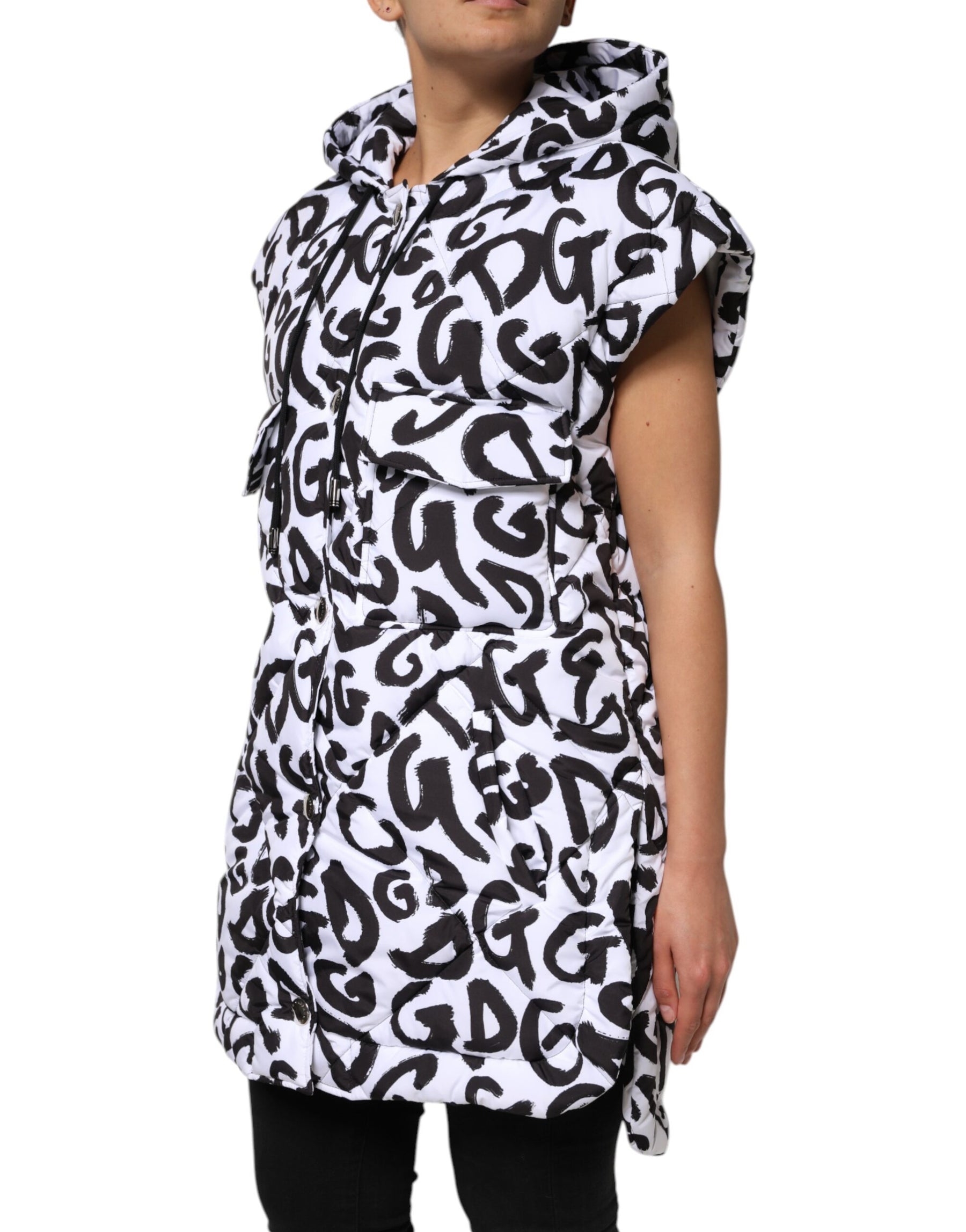 Dolce & Gabbana White DG Mania Hooded Sleeveless Puffer Jacket | Regal Royce