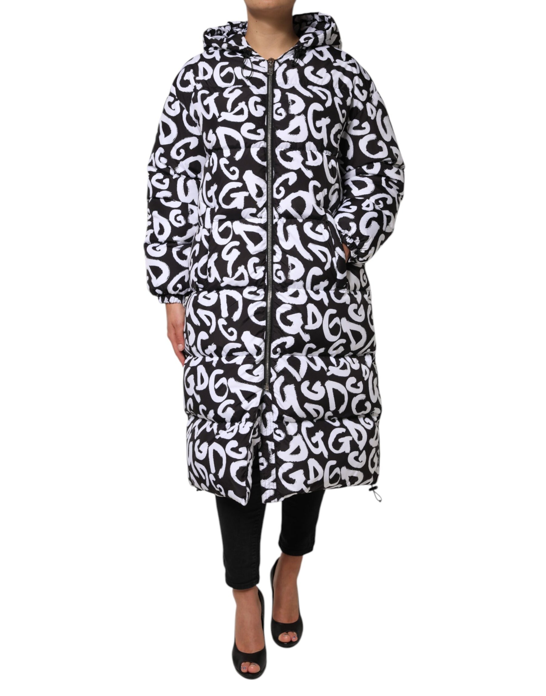 Dolce & Gabbana Black White DG Mania Hooded Long Coat Jacket | Regal Royce