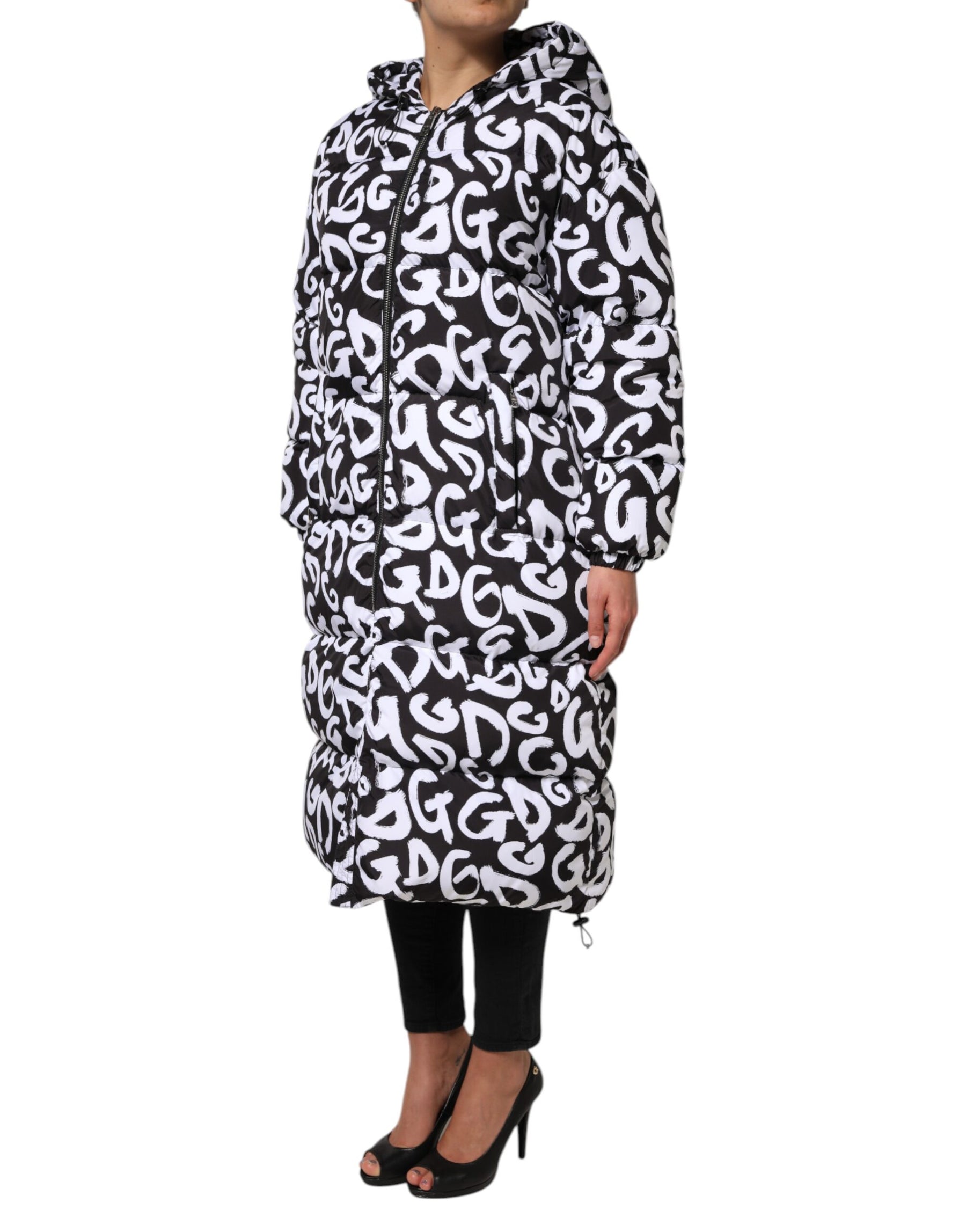 Dolce & Gabbana Black White DG Mania Hooded Long Coat Jacket | Regal Royce