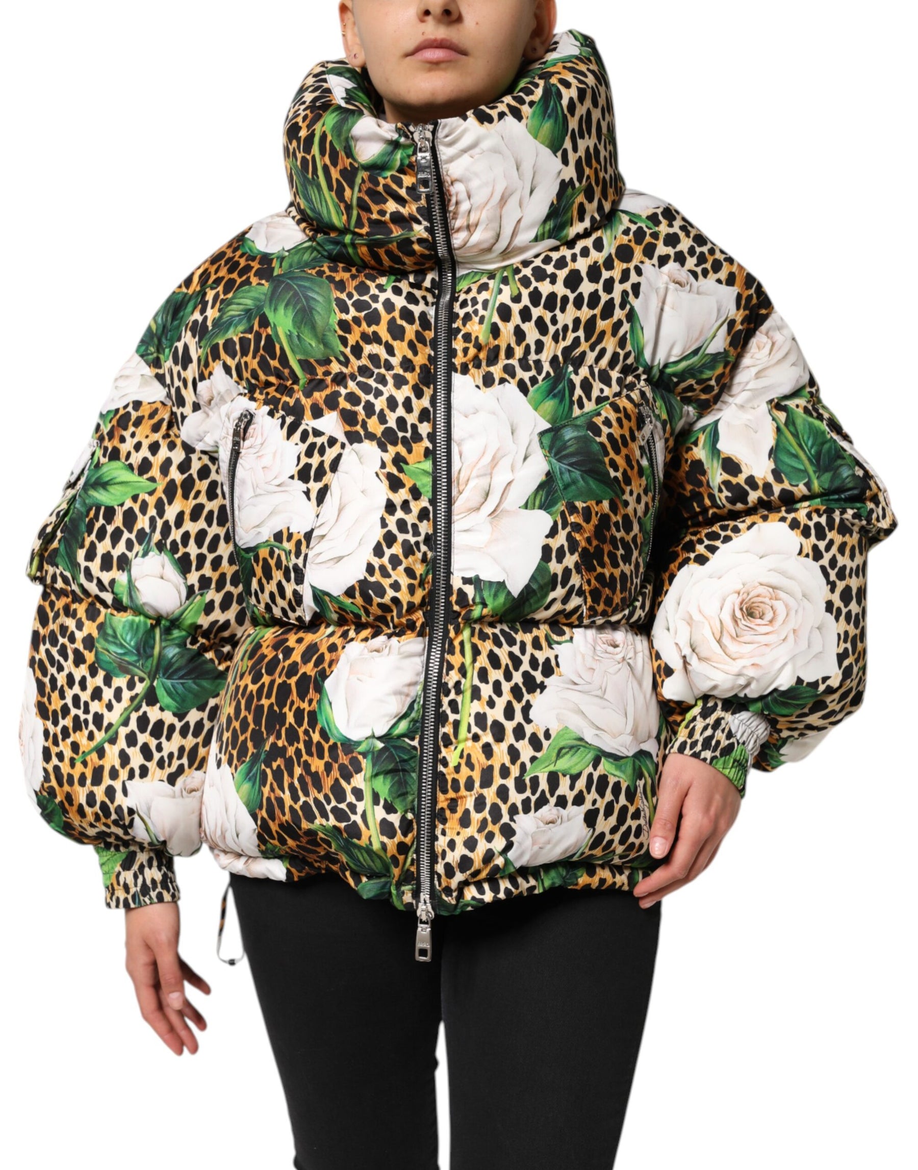 Dolce & Gabbana Multicolor Leopard Rose Puffer Quilted Jacket | Regal Royce