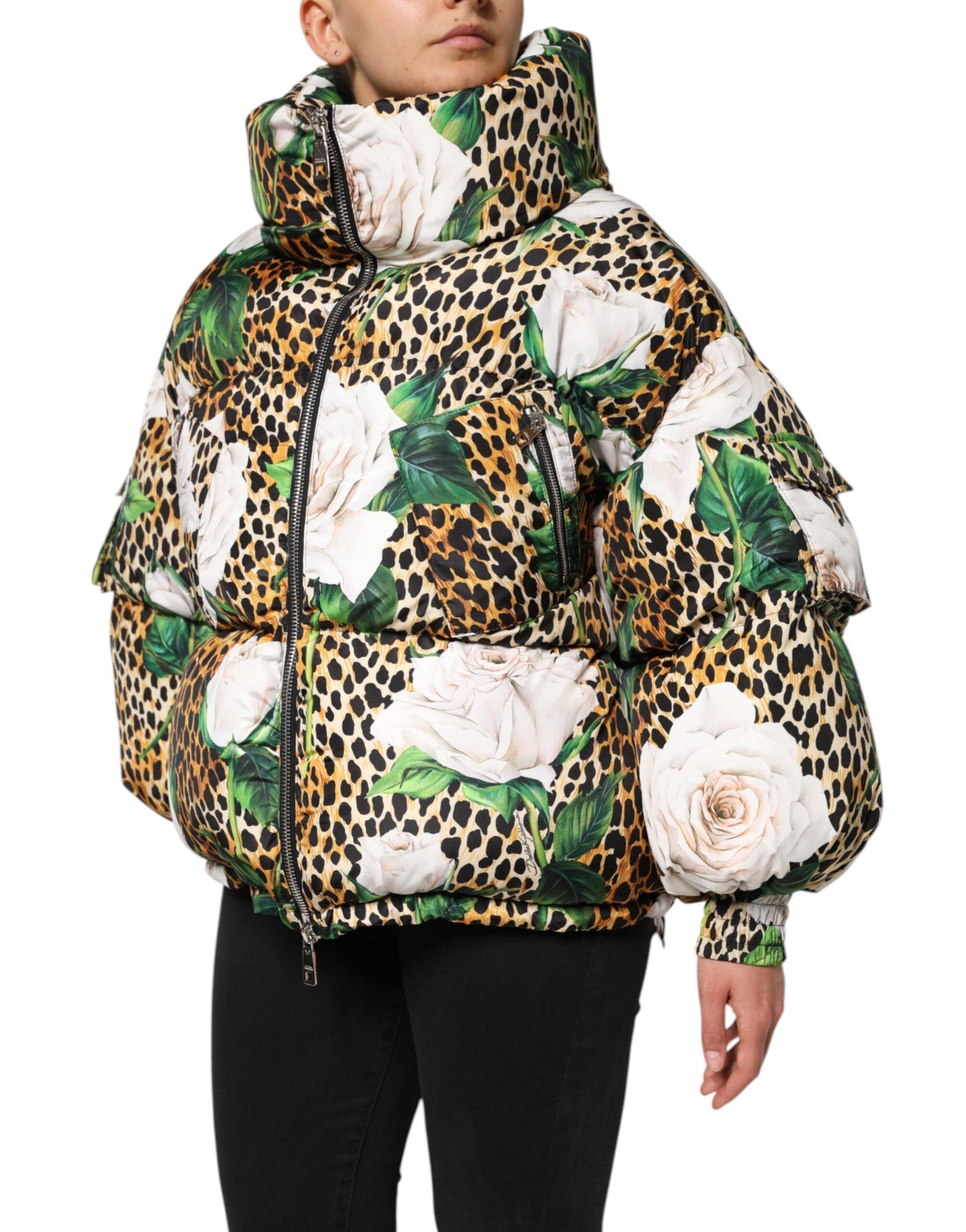 Dolce & Gabbana Multicolor Leopard Rose Puffer Quilted Jacket | Regal Royce