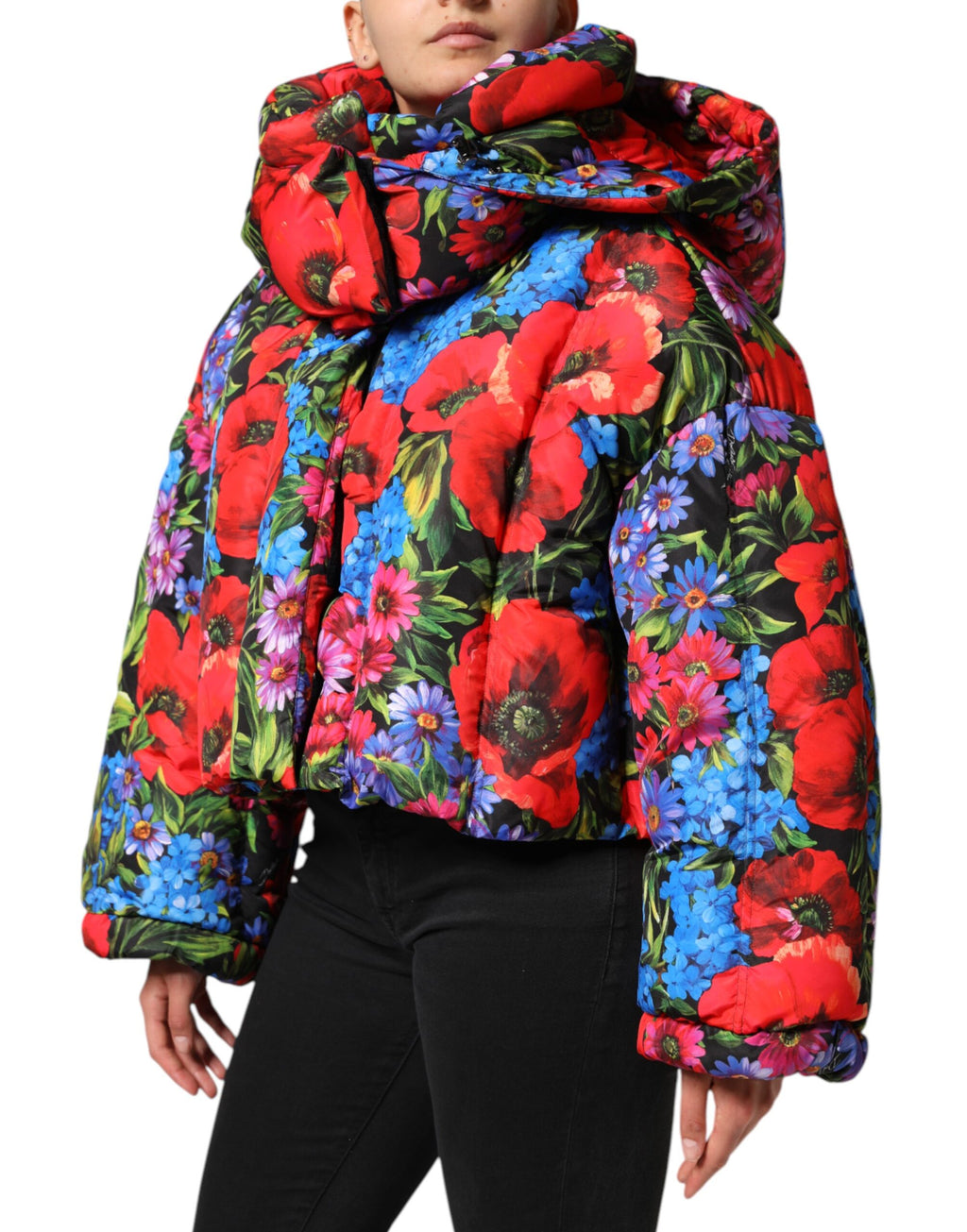 Dolce & Gabbana Multicolor Floral Hooded Puffer Coat Jacket