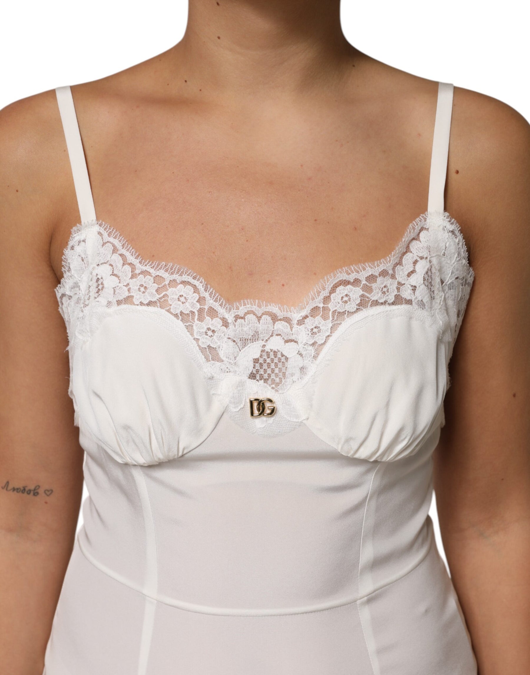 Dolce & Gabbana White Lace DG Logo Silk Dress Sleepwear | Regal Royce