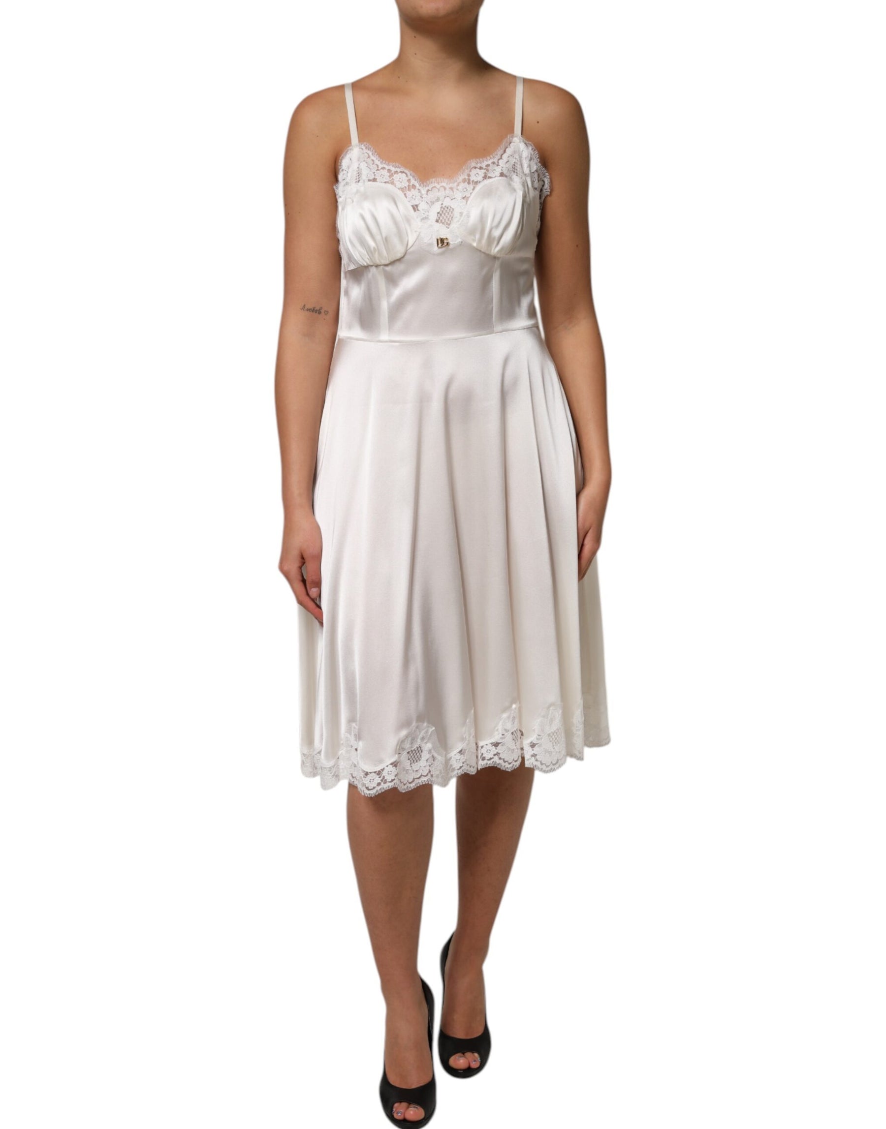 Dolce & Gabbana White Lace DG Logo Silk Dress Sleepwear | Regal Royce