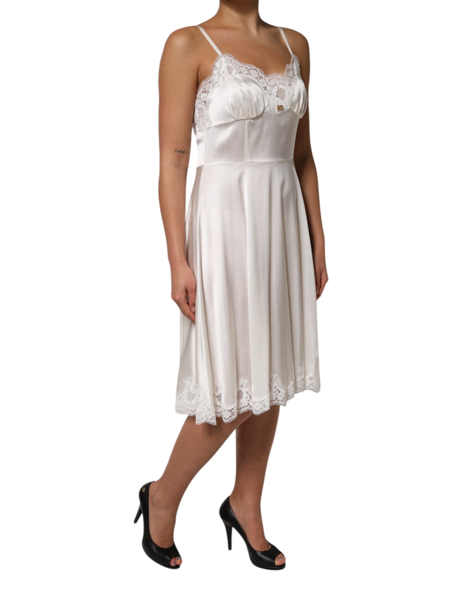 Dolce & Gabbana White Lace DG Logo Silk Dress Sleepwear | Regal Royce