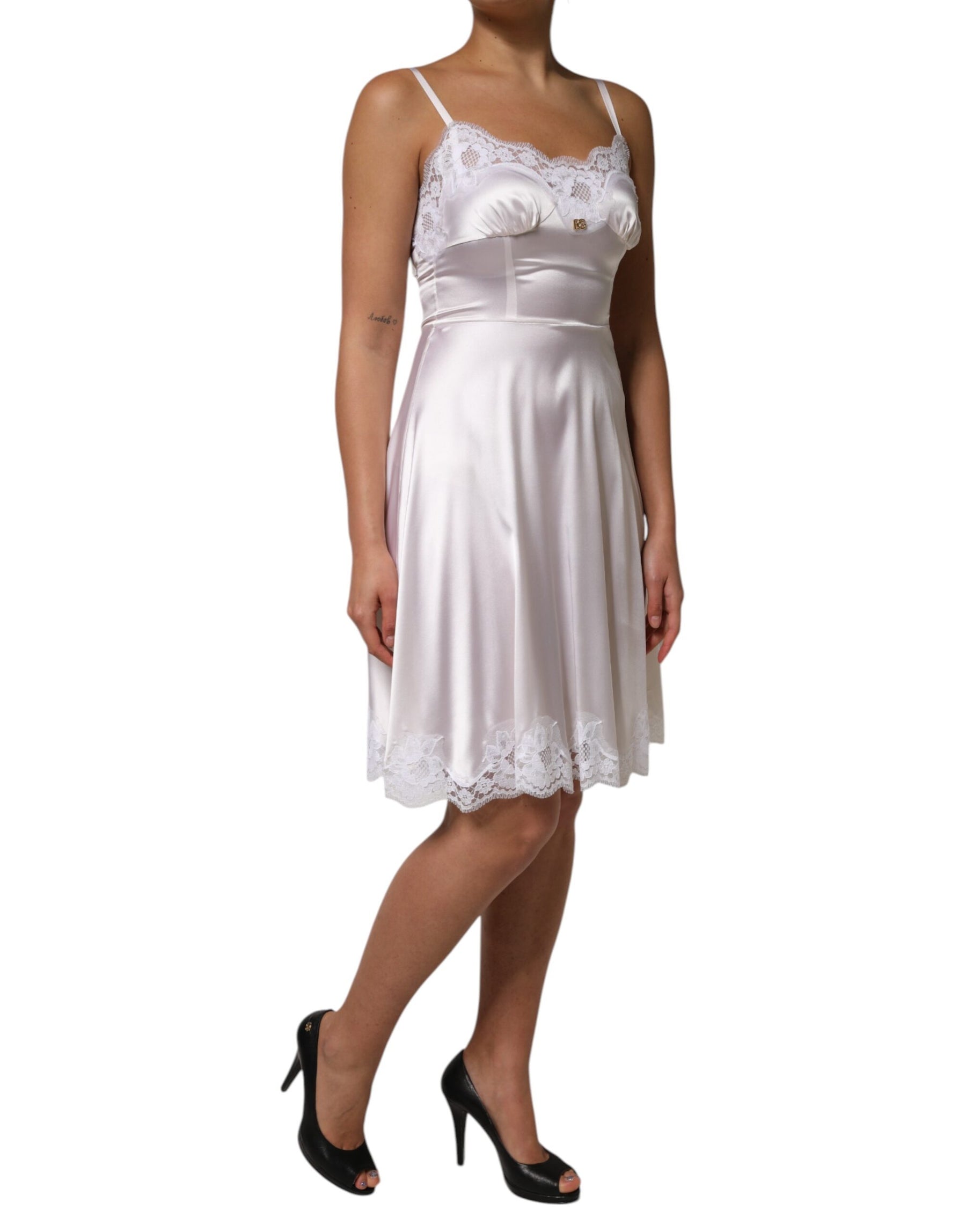 Dolce & Gabbana White Lace Gold DG Logo Silk Dress Sleepwear | Regal Royce