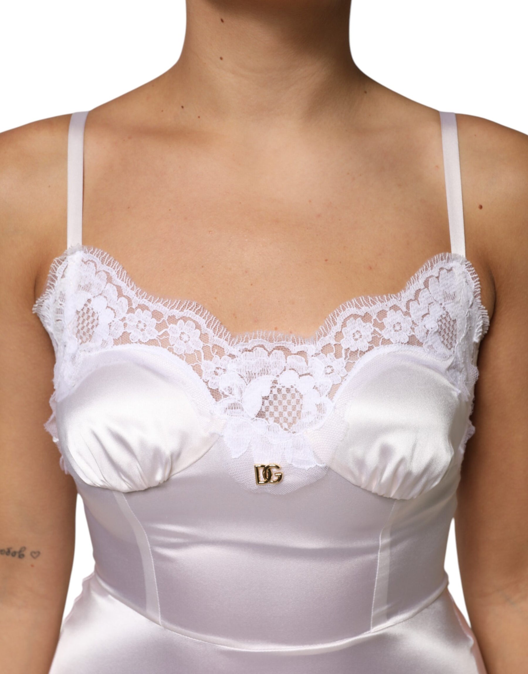 Dolce & Gabbana White Lace Gold DG Logo Silk Dress Sleepwear | Regal Royce