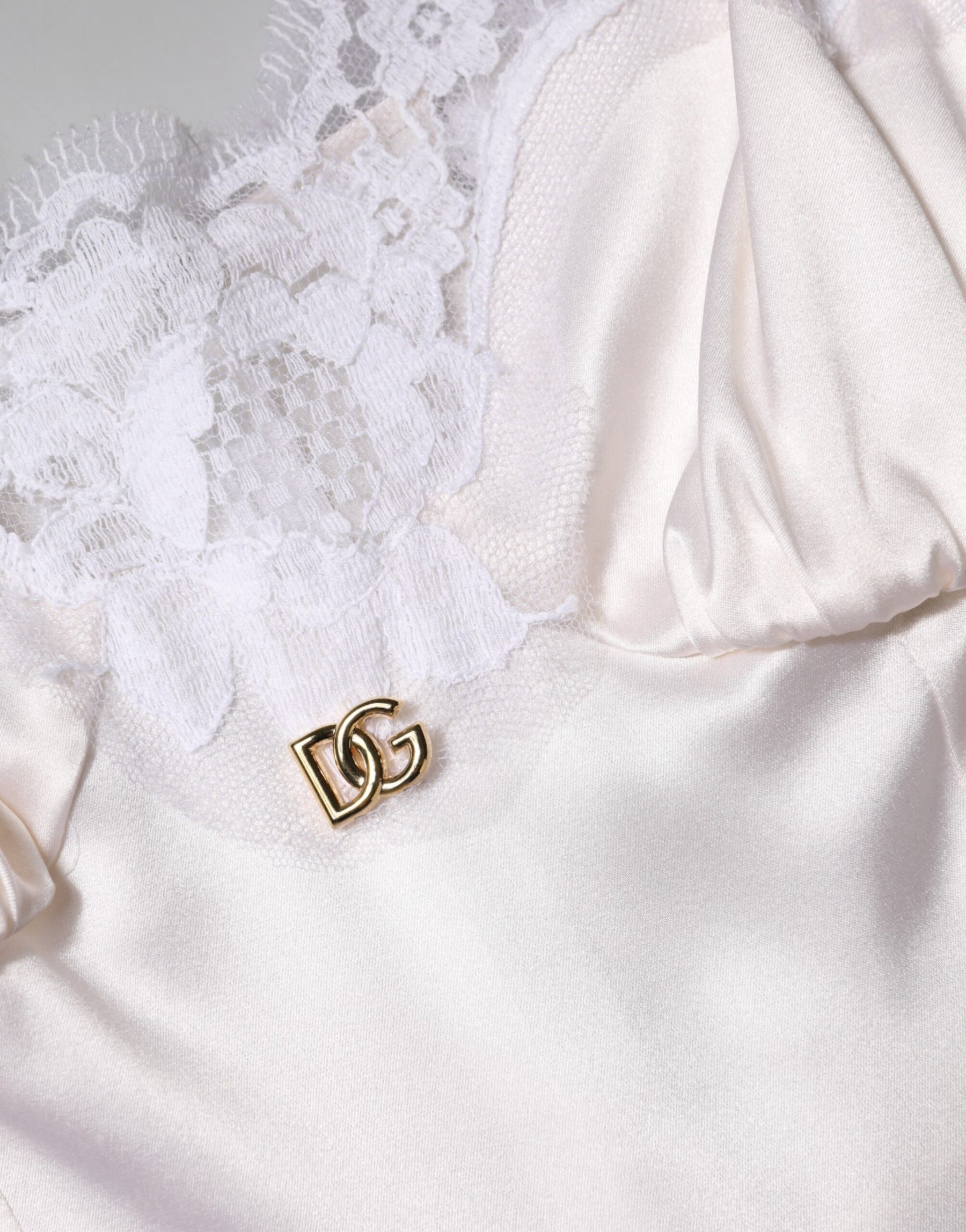 Dolce & Gabbana White Lace Gold DG Logo Silk Dress Sleepwear | Regal Royce