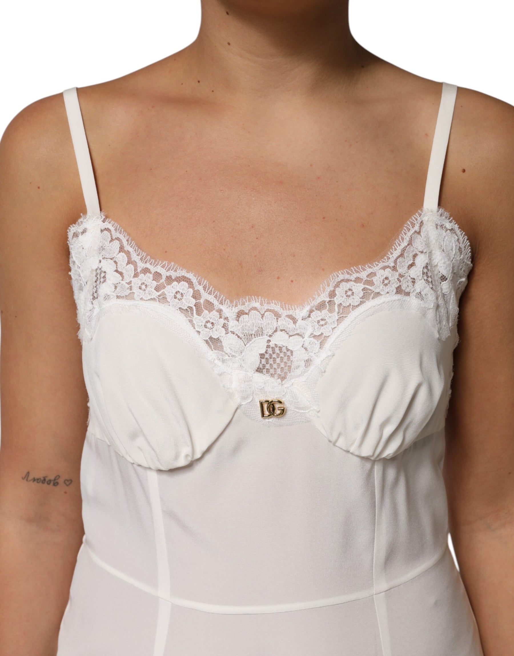 Dolce & Gabbana White Lace Gold DG Logo Silk Dress Sleepwear | Regal Royce
