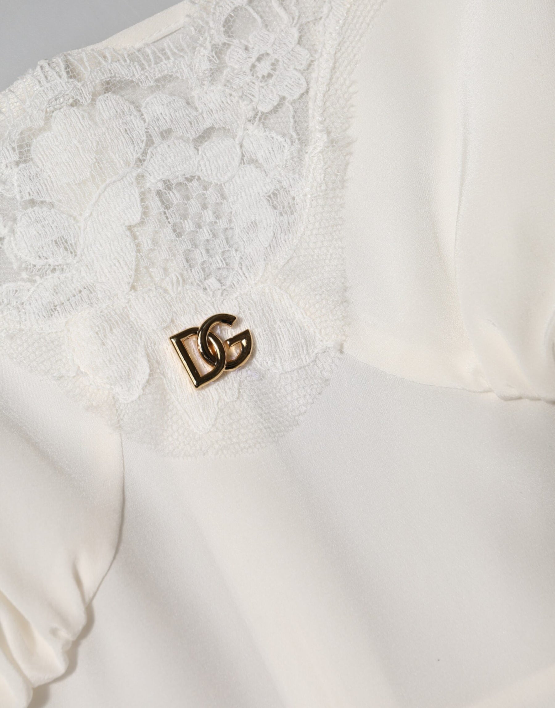 Dolce & Gabbana White Lace Gold DG Logo Silk Dress Sleepwear | Regal Royce