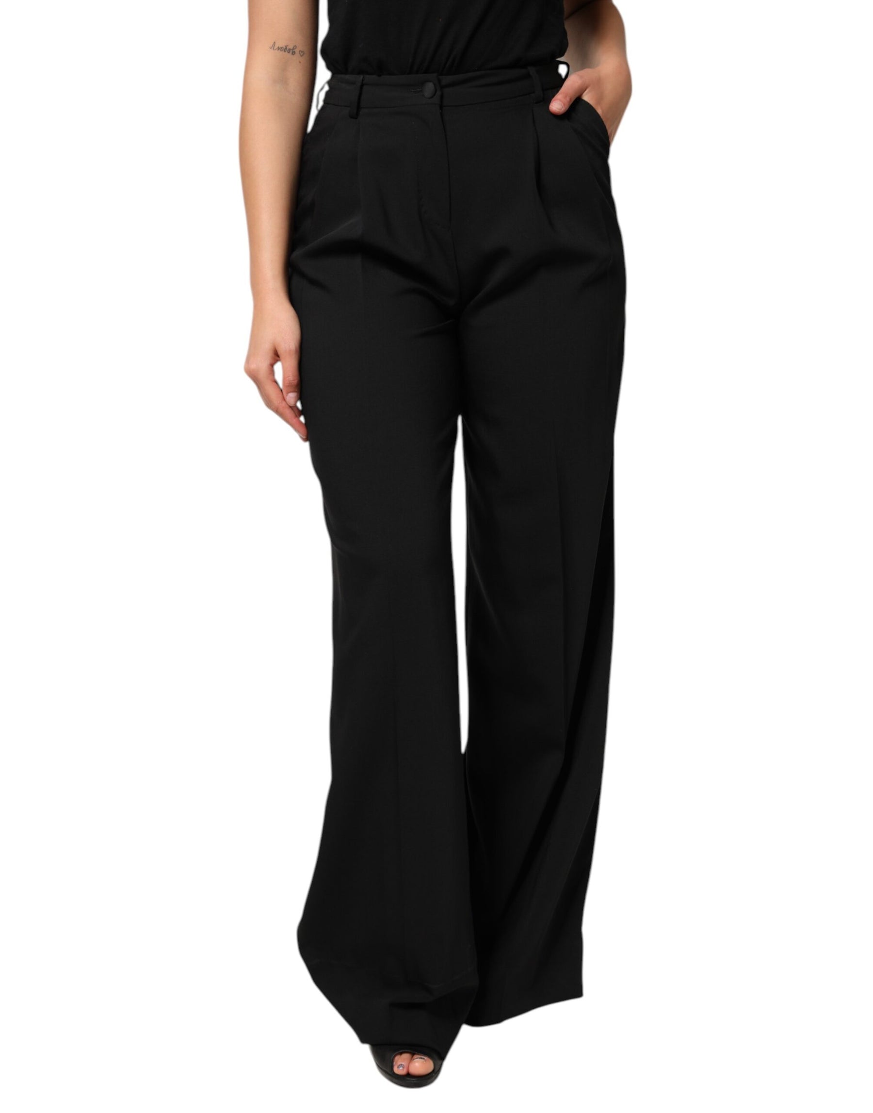 Dolce & Gabbana Black Wool High Waist Wide Leg Pants | Regal Royce