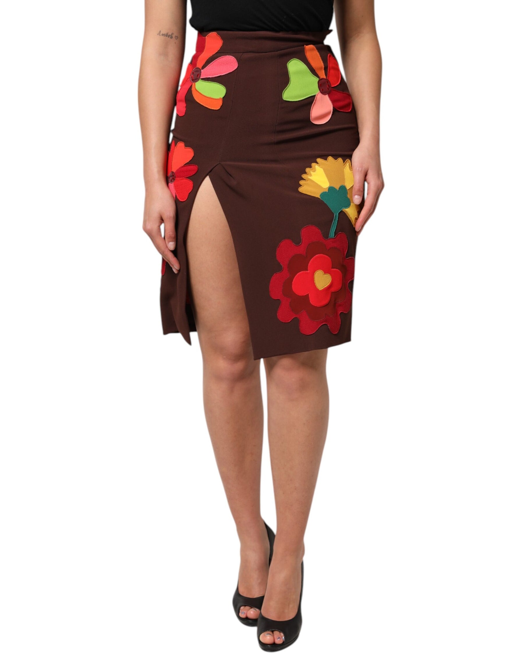 Dolce & Gabbana Brown Floral High Waist Side Slit Skirt | Regal Royce