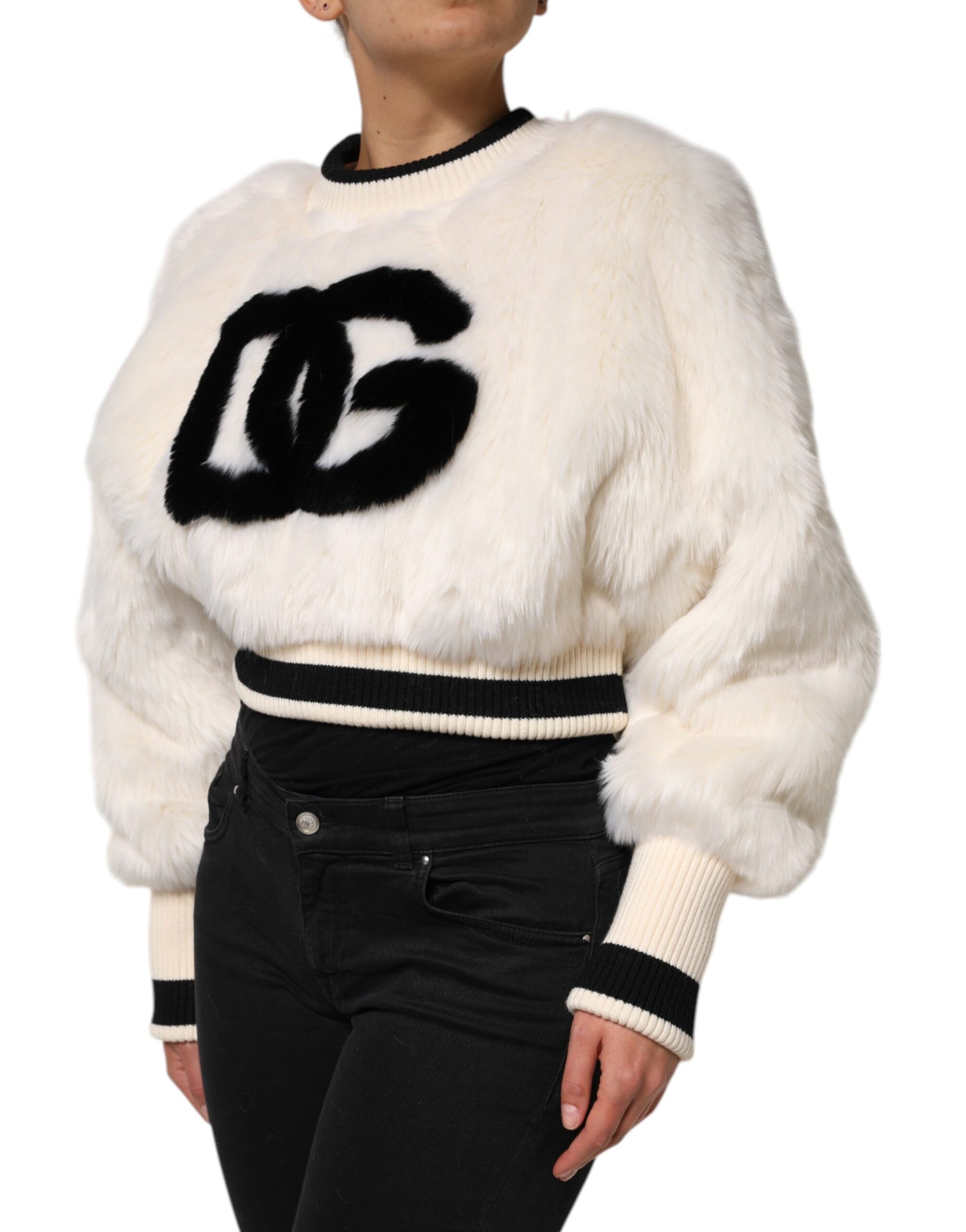 Dolce & Gabbana White Cropped Faux Fur DG Sweatshirt Sweater | Regal Royce