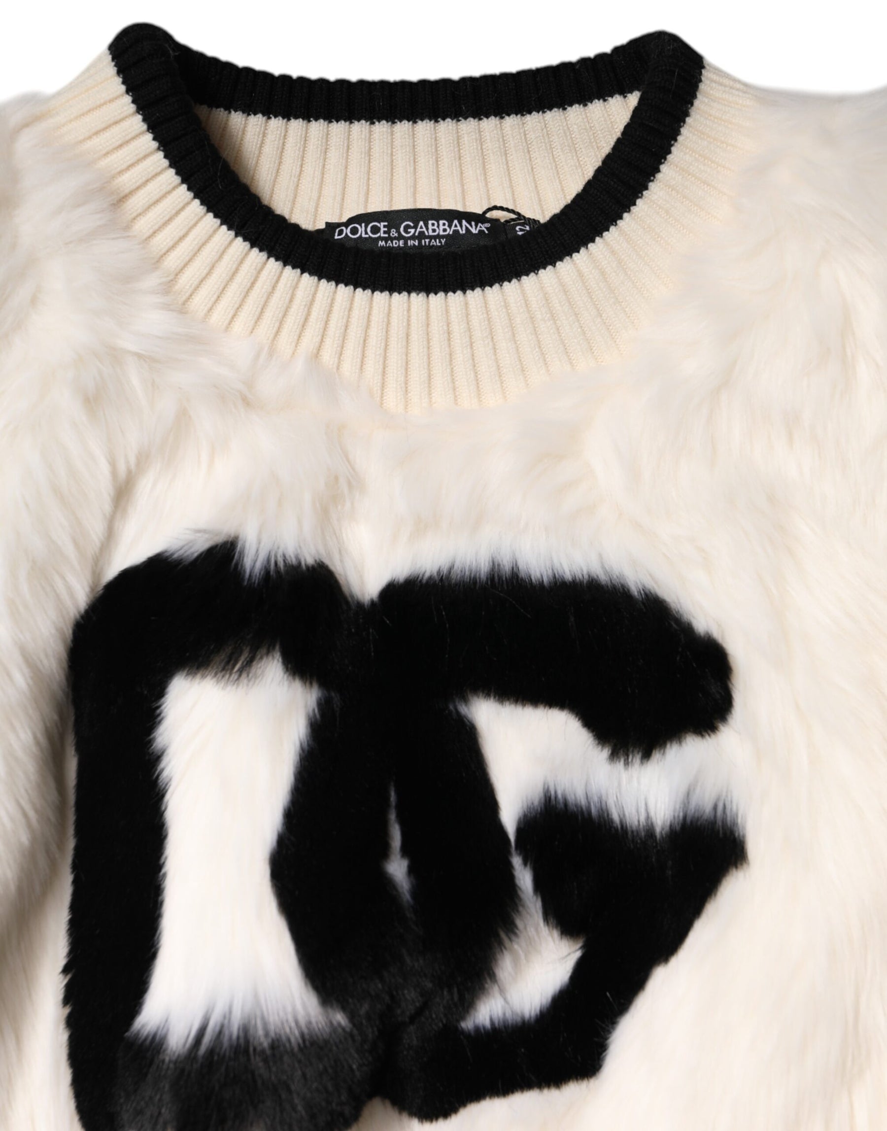 Dolce & Gabbana White Cropped Faux Fur DG Sweatshirt Sweater | Regal Royce