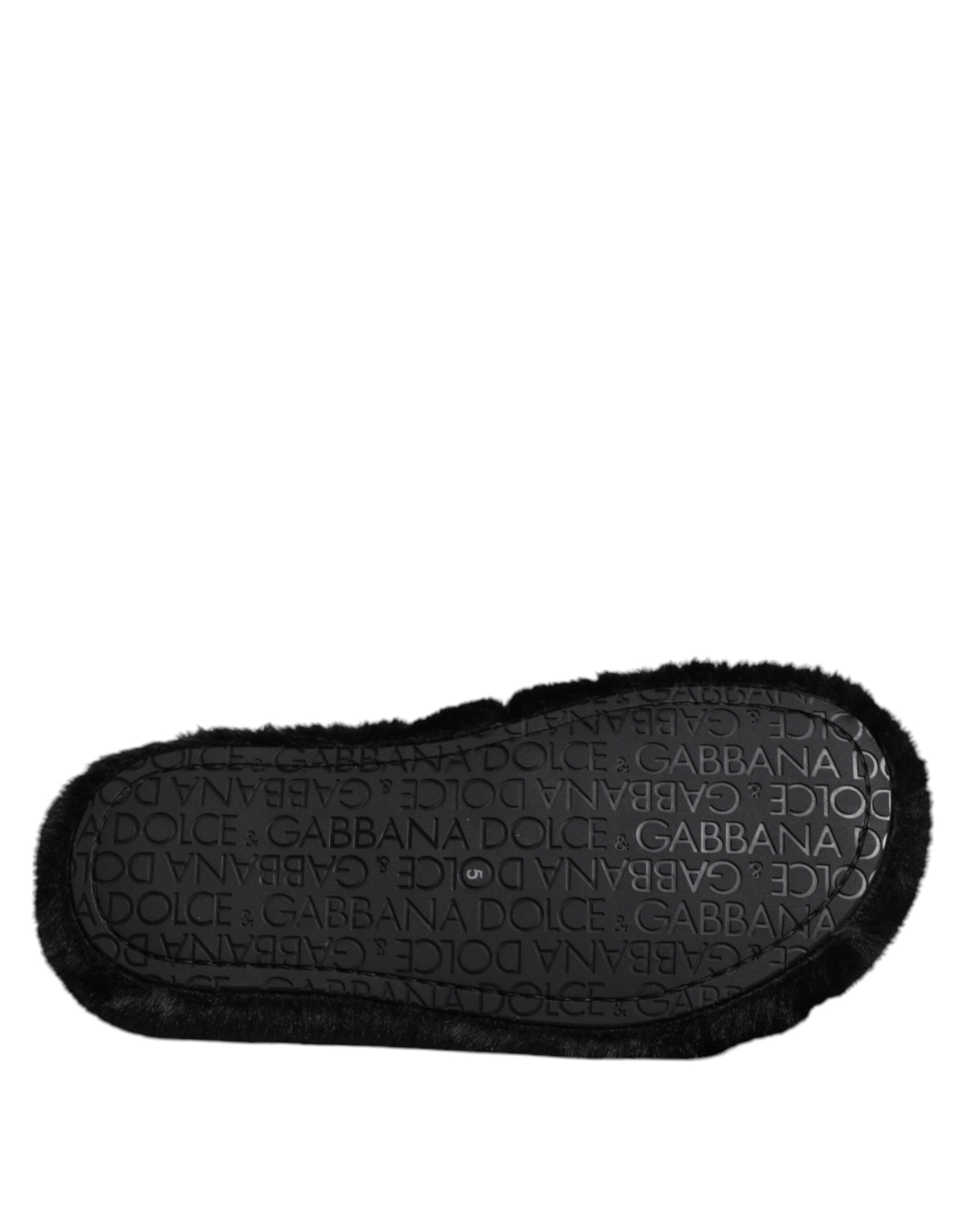 Dolce & Gabbana Black Polyester Velvet Slides Slipper Shoes | Regal Royce