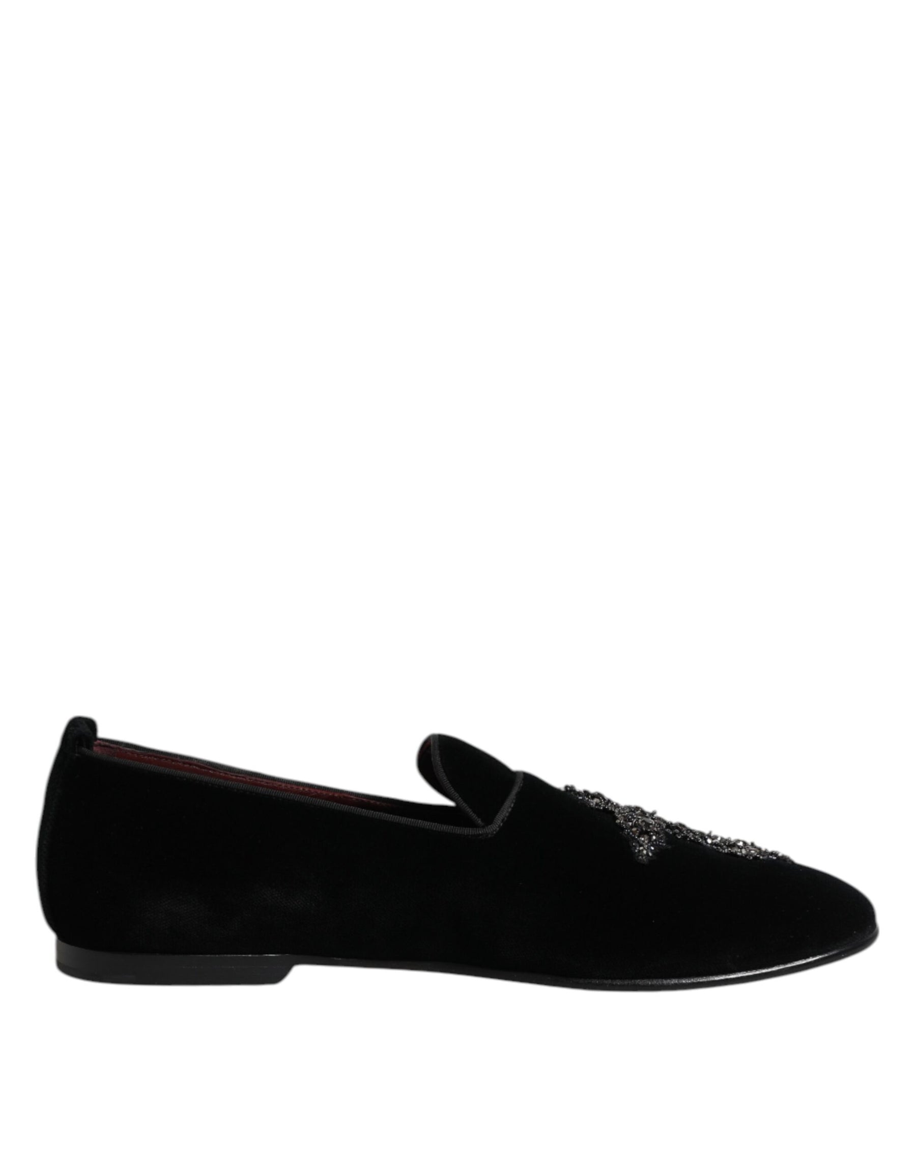 Dolce & Gabbana Black Velvet Embellished Loafer Slip On Shoes | Regal Royce